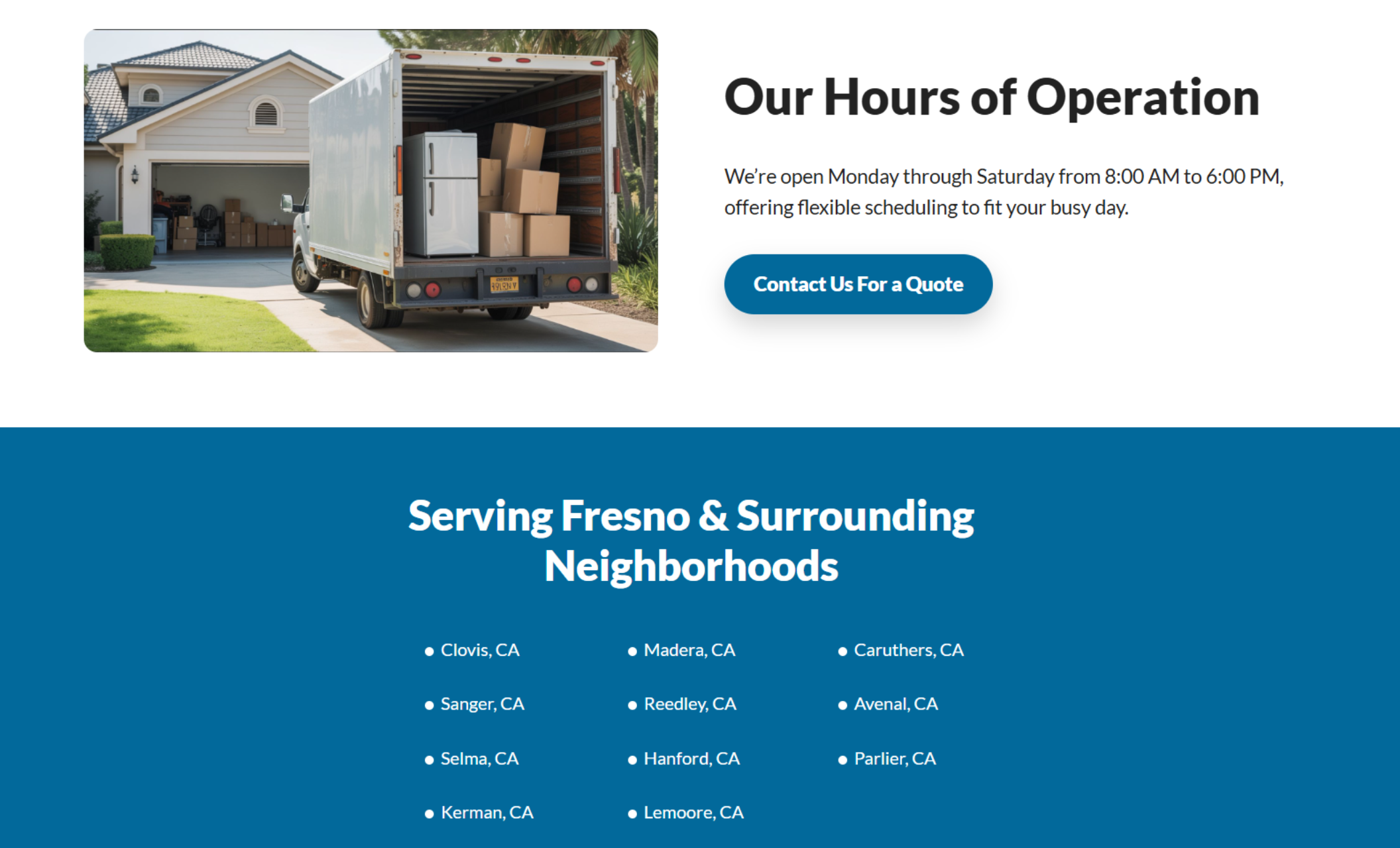 Junk Busters Co. website section showing hours of operation with a junk removal truck parked in a driveway, alongside a “Contact Us For a Quote” button and scheduling details