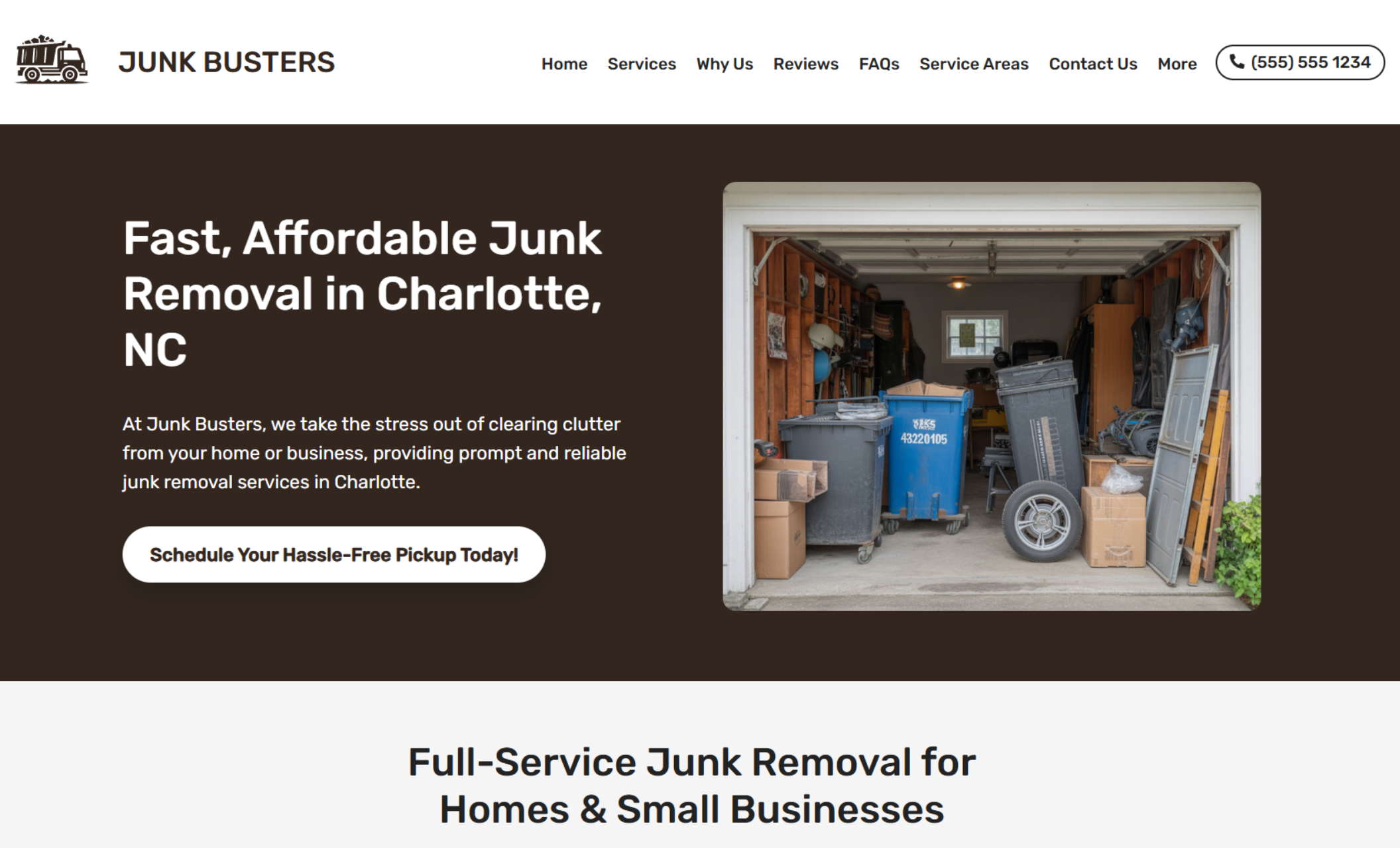 Junk Busters homepage hero with a dark banner reading “Fast, Affordable Junk Removal in Charlotte, NC,” a large garage cleanout photo, and a white call-to-action button that says “Schedule Your Hassle-Free Pickup Today!”