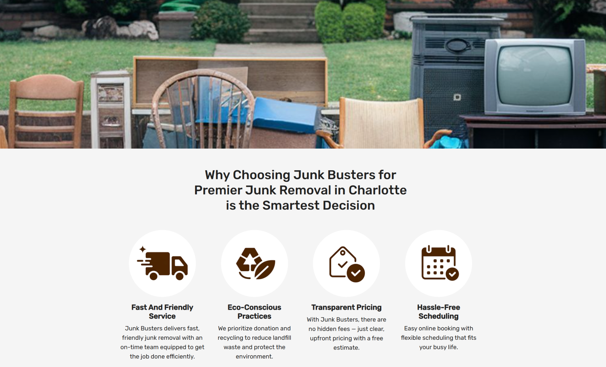 Junk Busters “Why Choose Us” section featuring the headline “Why Choosing Junk Busters for Premier Junk Removal in Charlotte is the Smartest Decision” with four icon benefits for Fast and Friendly Service, Eco-Conscious Practices, Transparent Pricing, and Hassle-Free Scheduling