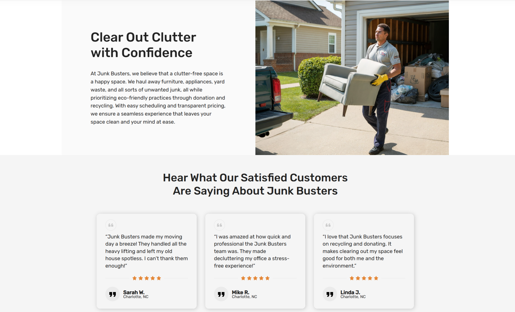 Junk Busters CTA section showing a crew member carrying a gray couch out of a garage beside the headline “Clear Out Clutter with Confidence” and a short paragraph about eco-friendly junk removal through donation and recycling
