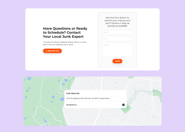 A screenshot of a header with navigation pills with contact number, a blue-colored primary button with contact number, and a 2D depiction of a map with a business address in the center