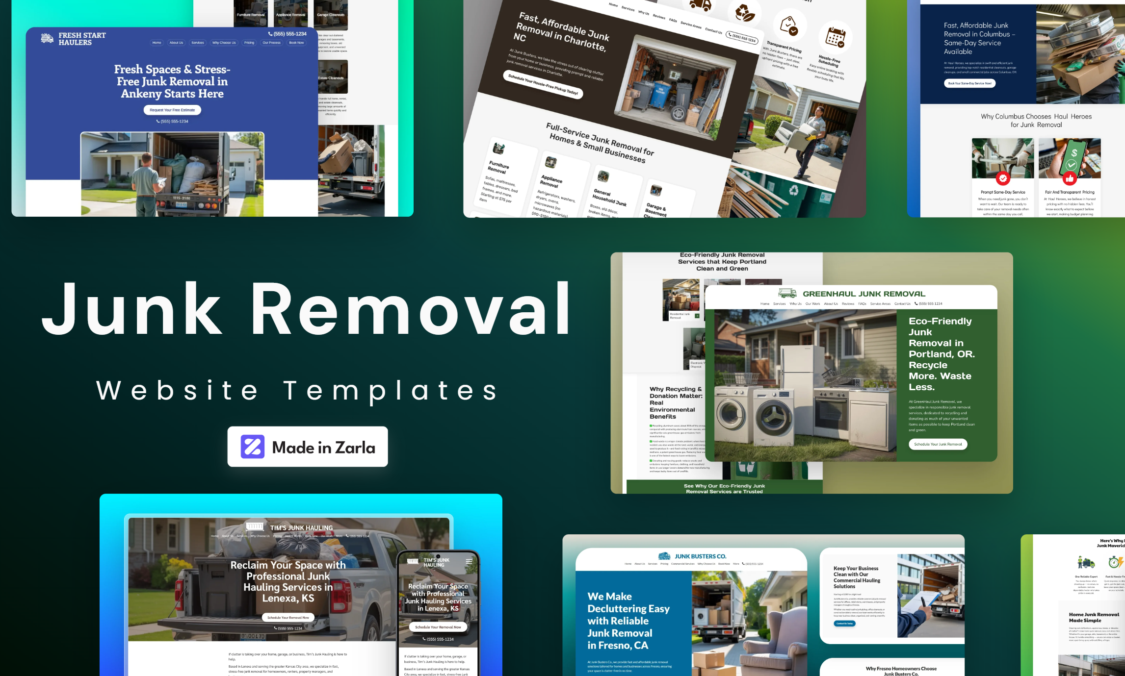 A collection of junk removal templates created with Zarla's website builder.