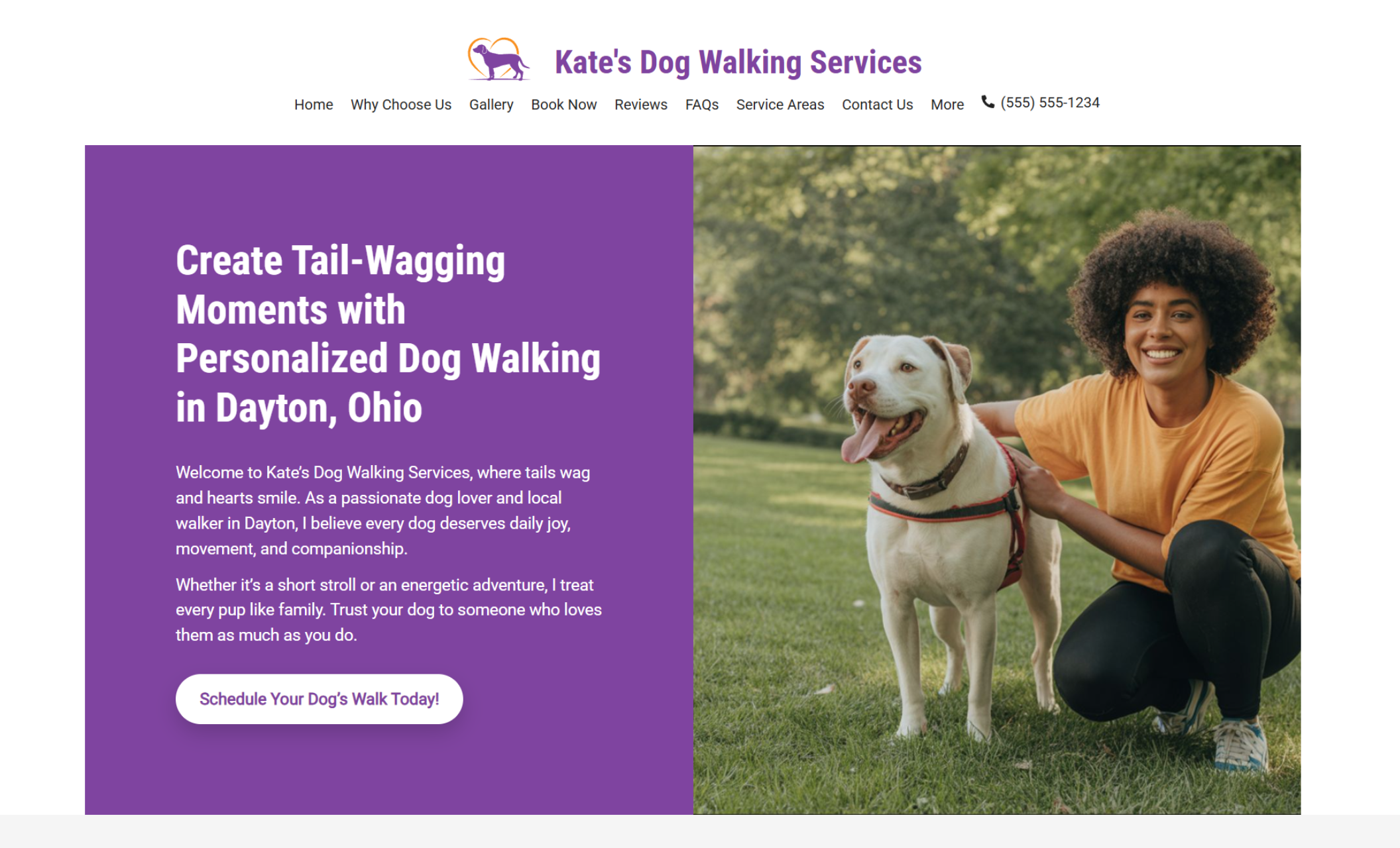 Kate’s Dog Walking Services homepage featuring a cheerful woman in an orange shirt kneeling beside a smiling white dog under the headline “Create Tail-Wagging Moments with Personalized Dog Walking in Dayton, Ohio” and a white “Schedule Your Dog’s Walk Today” button