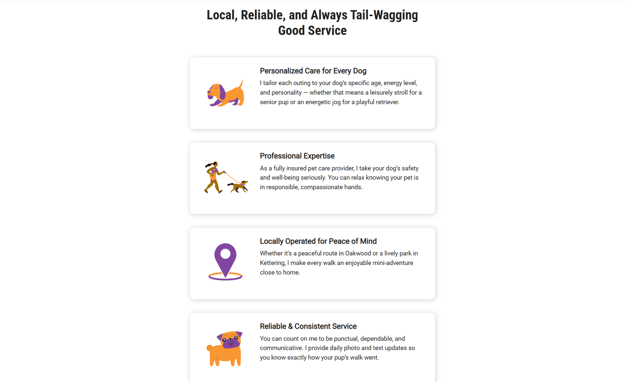 “Local, Reliable, and Always Tail-Wagging Good Service” section with illustrated icons and text blocks describing features like personalized care, professional expertise, and reliable service