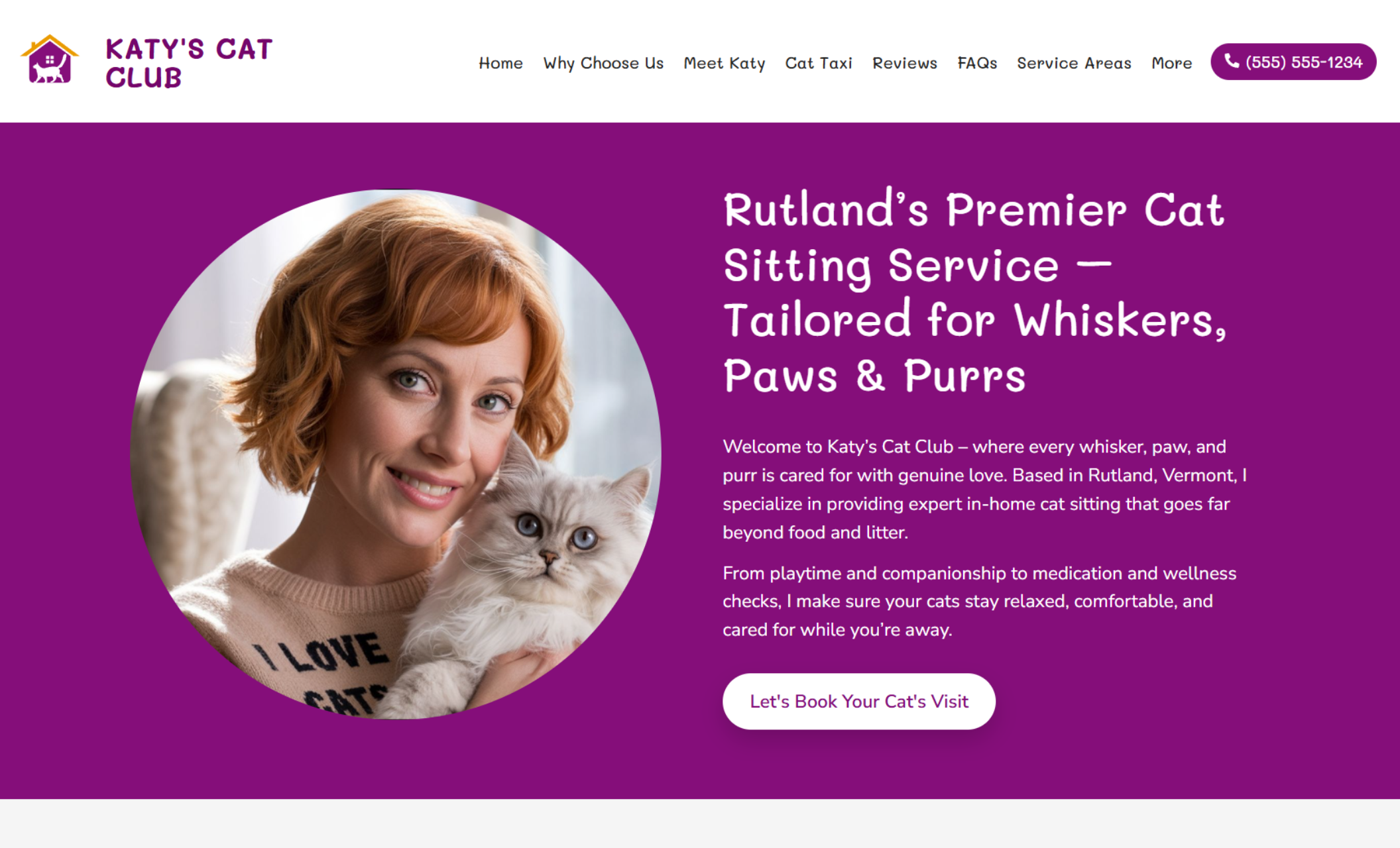 Katy’s Cat Club homepage featuring a smiling red-haired woman holding a fluffy white cat inside a purple circular frame, beside the headline “Rutland’s Premier Cat Sitting Service — Tailored for Whiskers, Paws & Purrs” and a white booking button