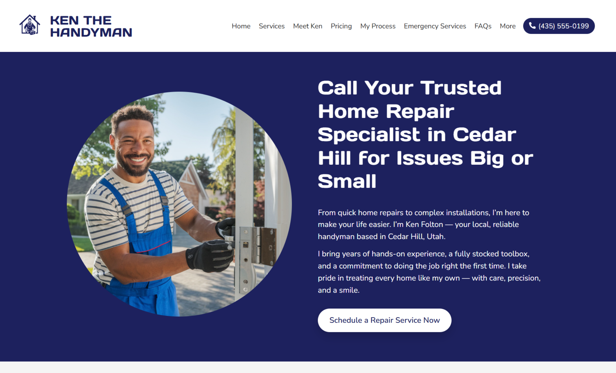 Ken the Handyman homepage featuring a smiling man in blue overalls fixing a door lock beside the headline “Call Your Trusted Home Repair Specialist in Cedar Hill for Issues Big or Small” with a white button that says “Schedule a Repair Service Now.”
