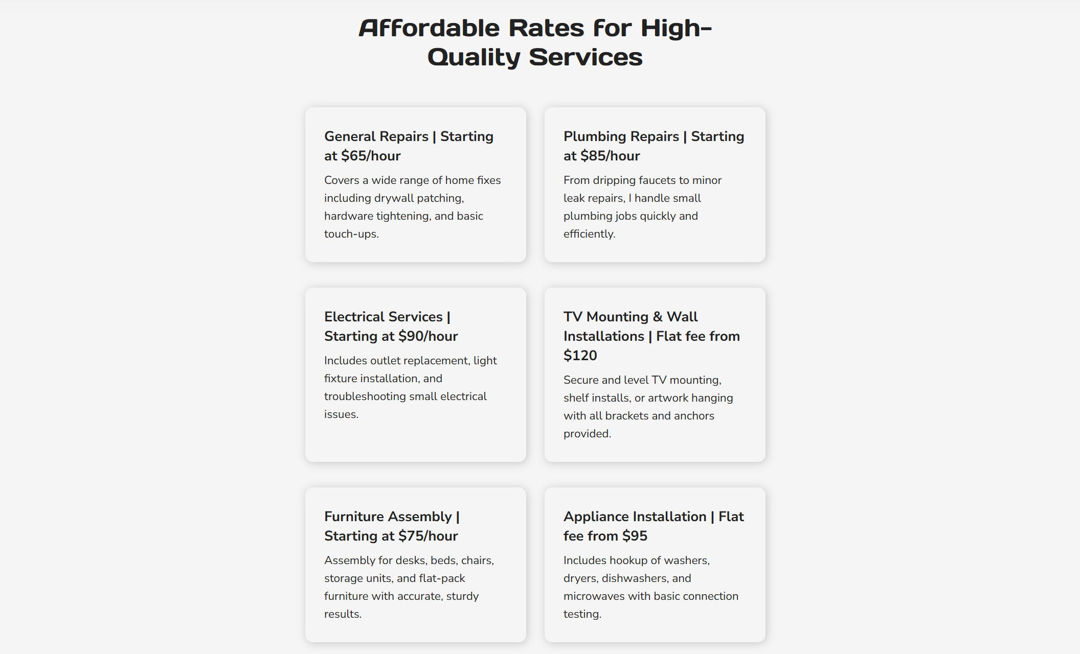 Pricing section on Ken’s site showcasing six white service cards with bold black headings, including “General Repairs | Starting at $65/hour” and “TV Mounting & Wall Installations | Flat fee from $120.”