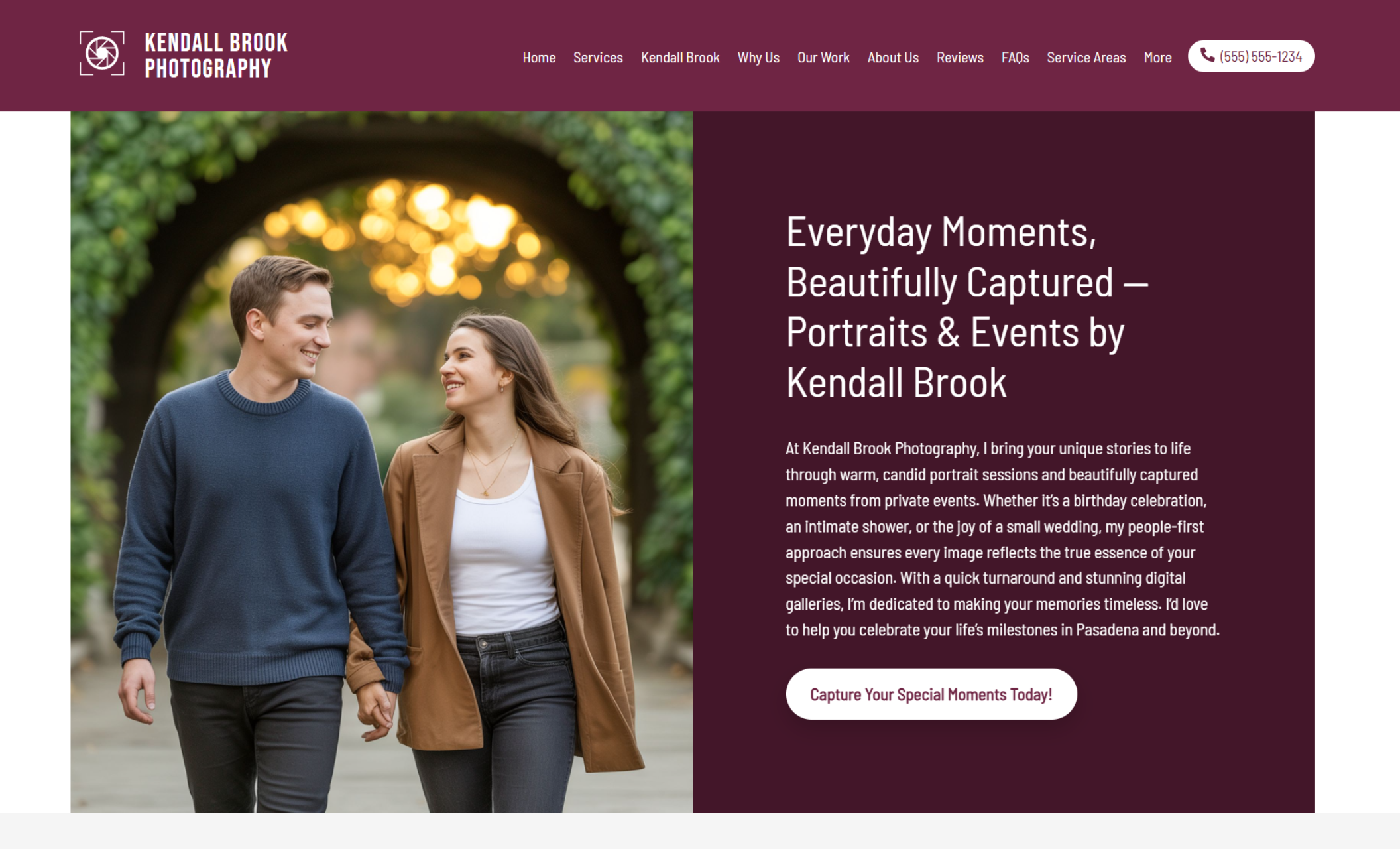 Kendall Brook Photography homepage hero showing a smiling couple walking hand-in-hand beneath greenery next to the headline “Everyday Moments, Beautifully Captured — Portraits & Events by Kendall Brook” and a call-to-action button reading “Capture Your Special Moments Today!”