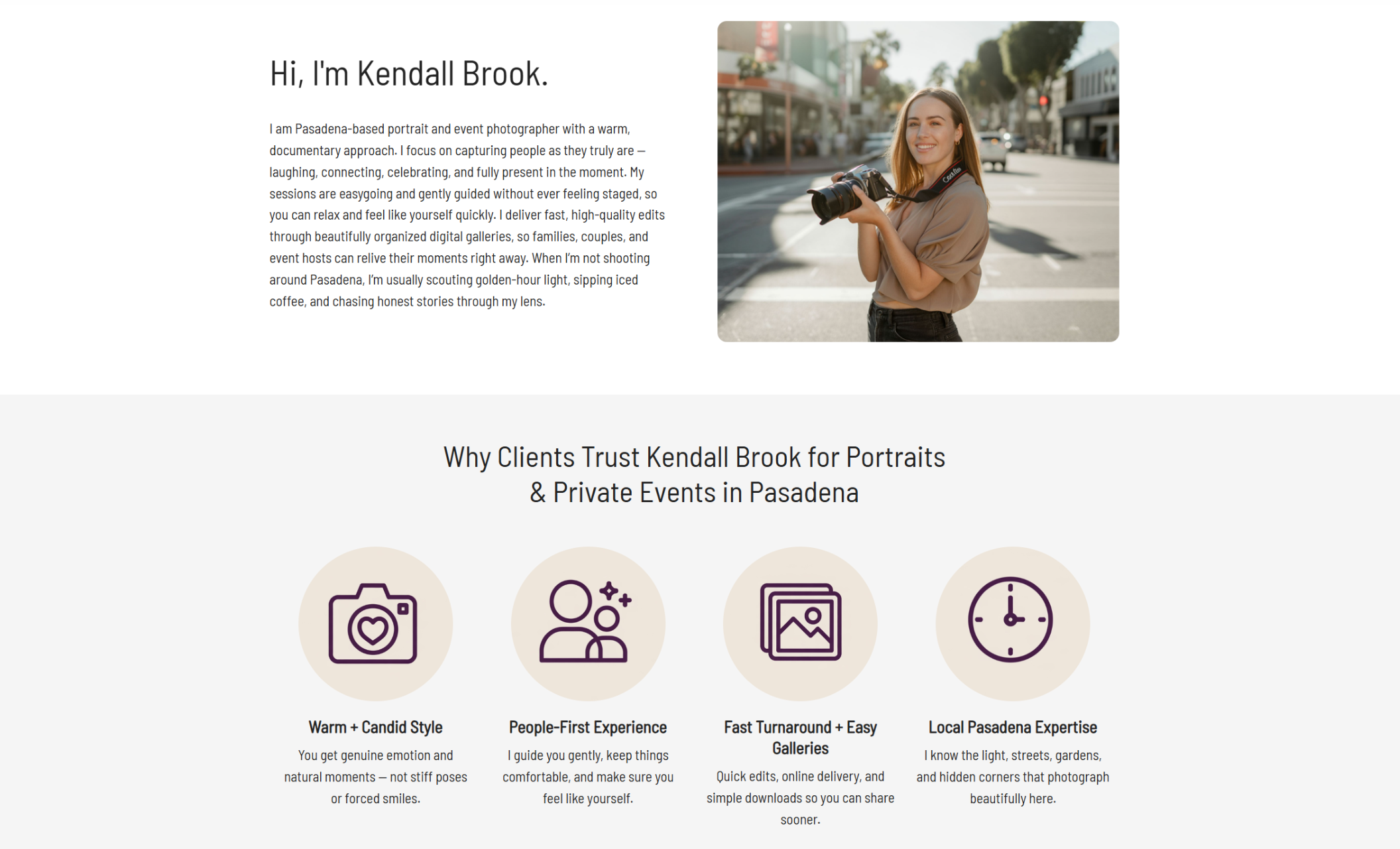 Kendall Brook Photography about section introducing Kendall Brook holding a camera on a Pasadena street, alongside the text “Hi, I’m Kendall Brook” and a description of her warm, documentary-style portrait and event photography