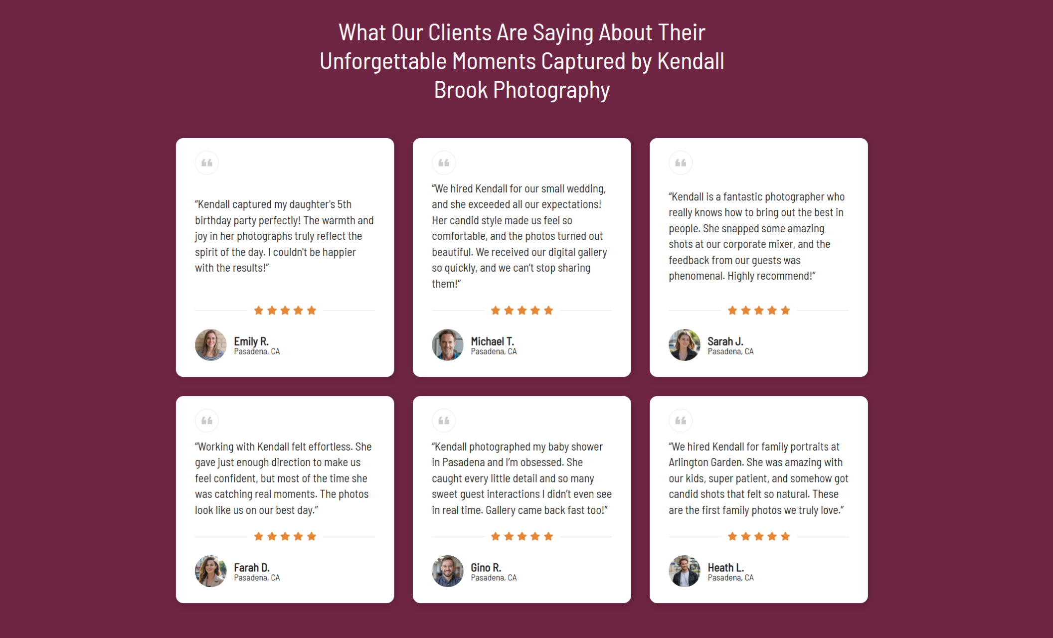 Kendall Brook Photography reviews section featuring six five-star client testimonials on a deep plum background under the headline “What Our Clients Are Saying About Their Unforgettable Moments Captured by Kendall Brook Photography.”