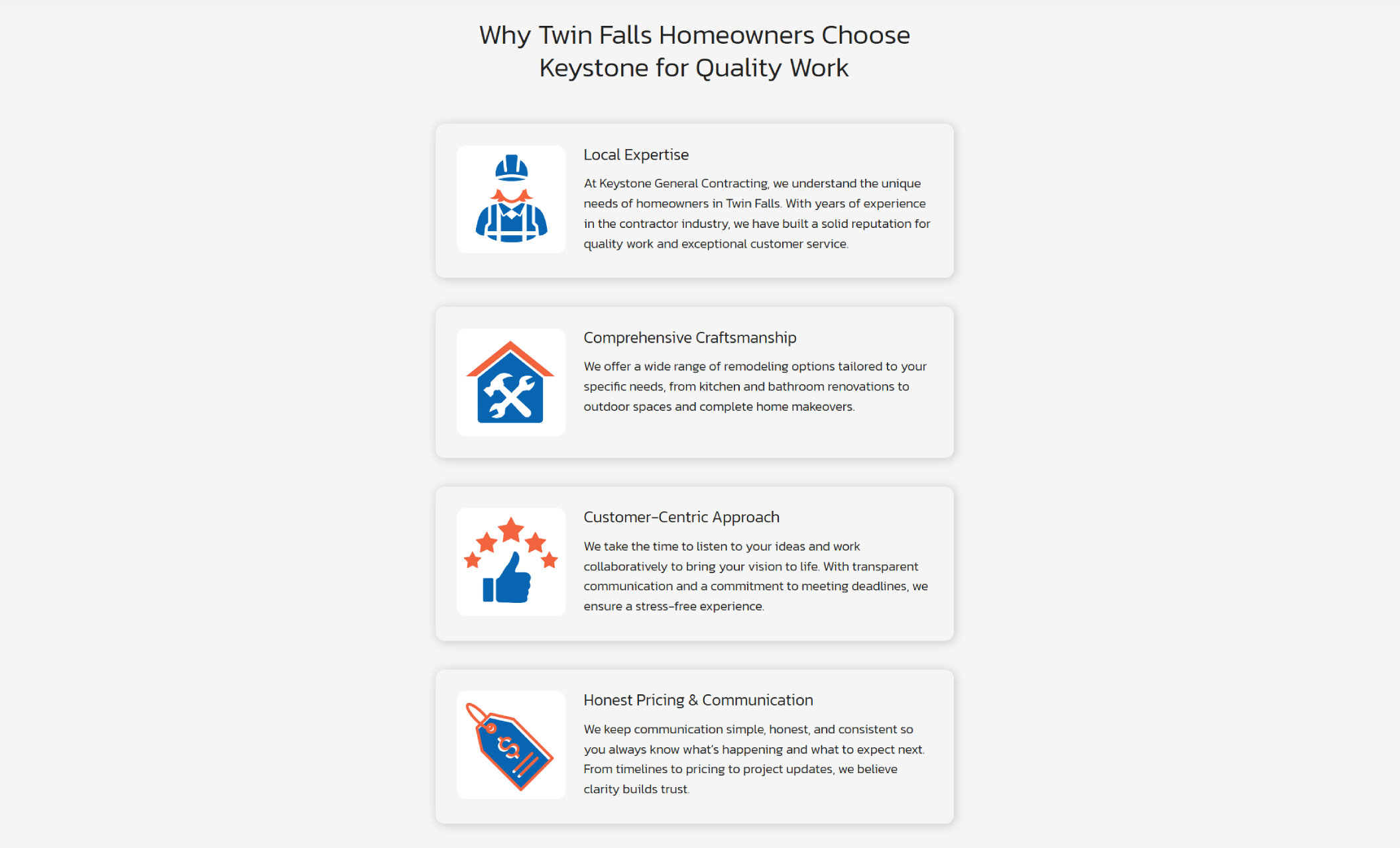 Keystone General Contracting value highlights section titled “Why Twin Falls Homeowners Choose Keystone for Quality Work,” displaying four icon-based cards highlighting Local Expertise, Comprehensive Craftsmanship, Customer-Centric Approach, and Honest Pricing & Communication