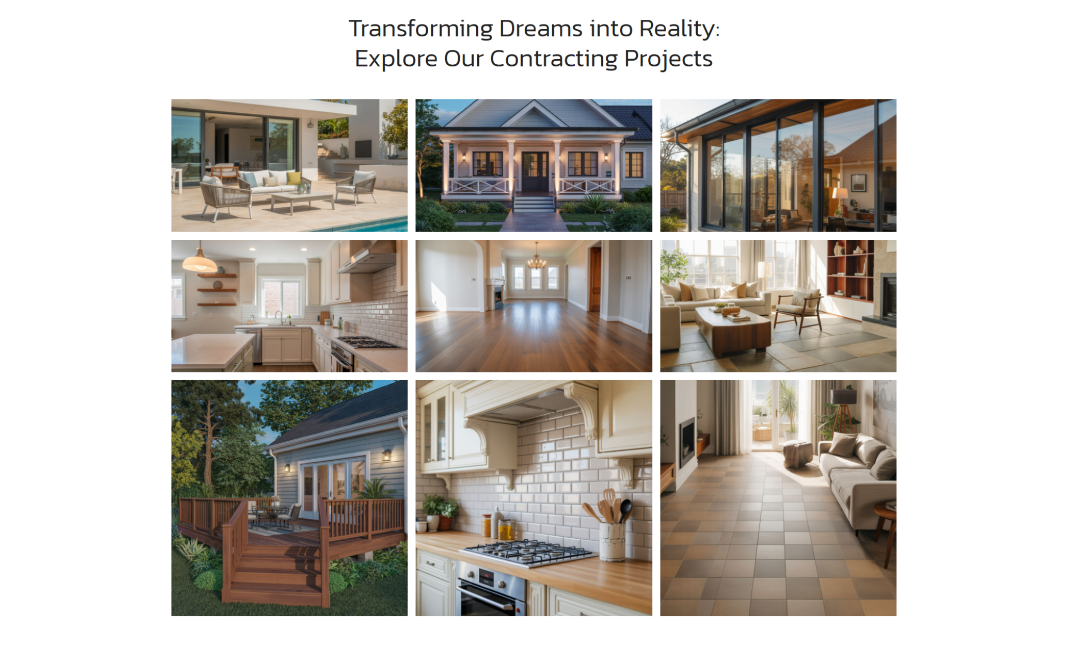 Keystone General Contracting project gallery section titled “Transforming Dreams into Reality: Explore Our Contracting Projects,” featuring a grid of interior and exterior renovation photos including kitchens, living rooms, decks, and modern home upgrades