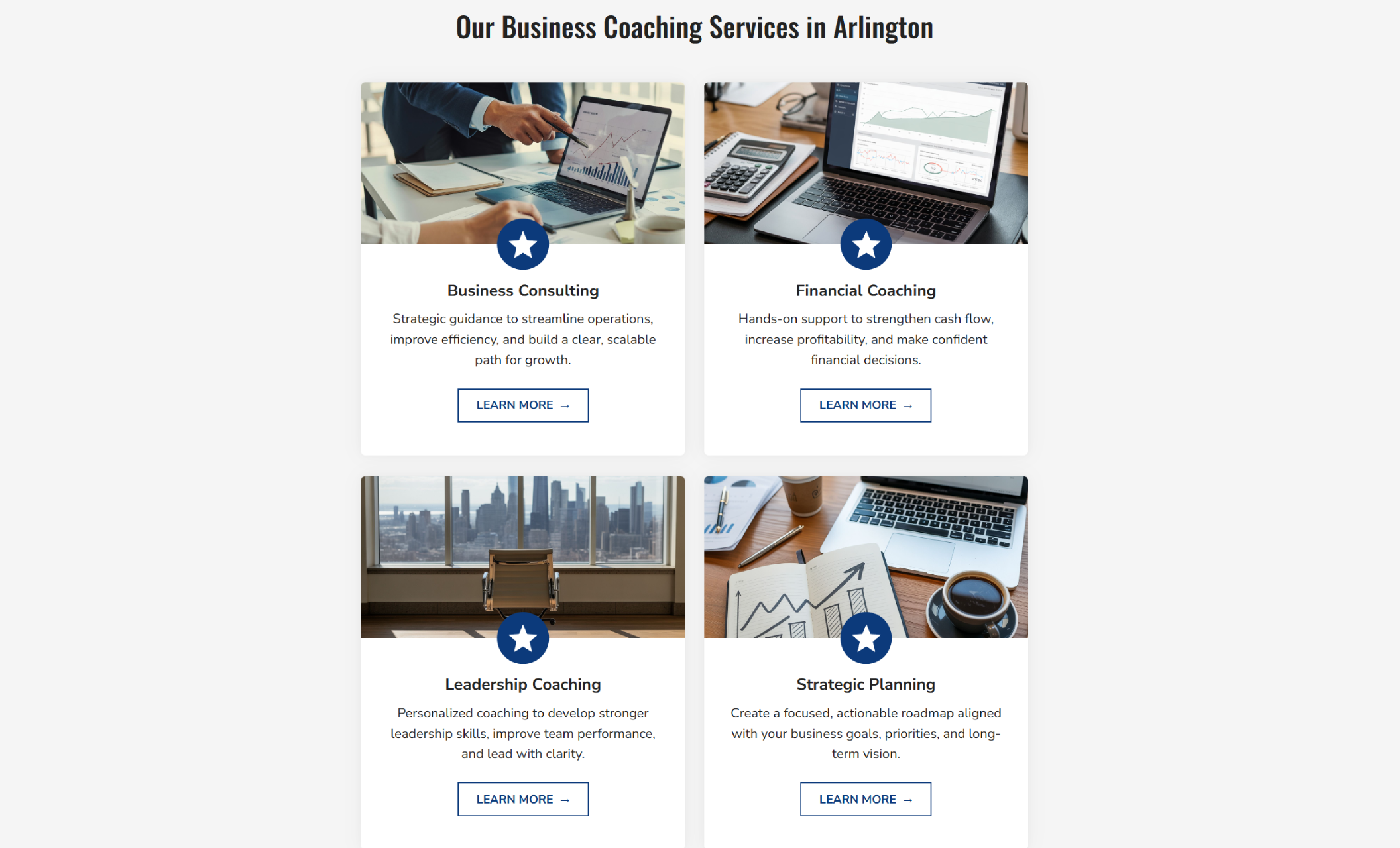 Keystone Growth Advisors services section titled “Our Business Coaching Services in Arlington” highlighting business consulting, financial coaching, leadership coaching, and strategic planning with supporting visuals and buttons