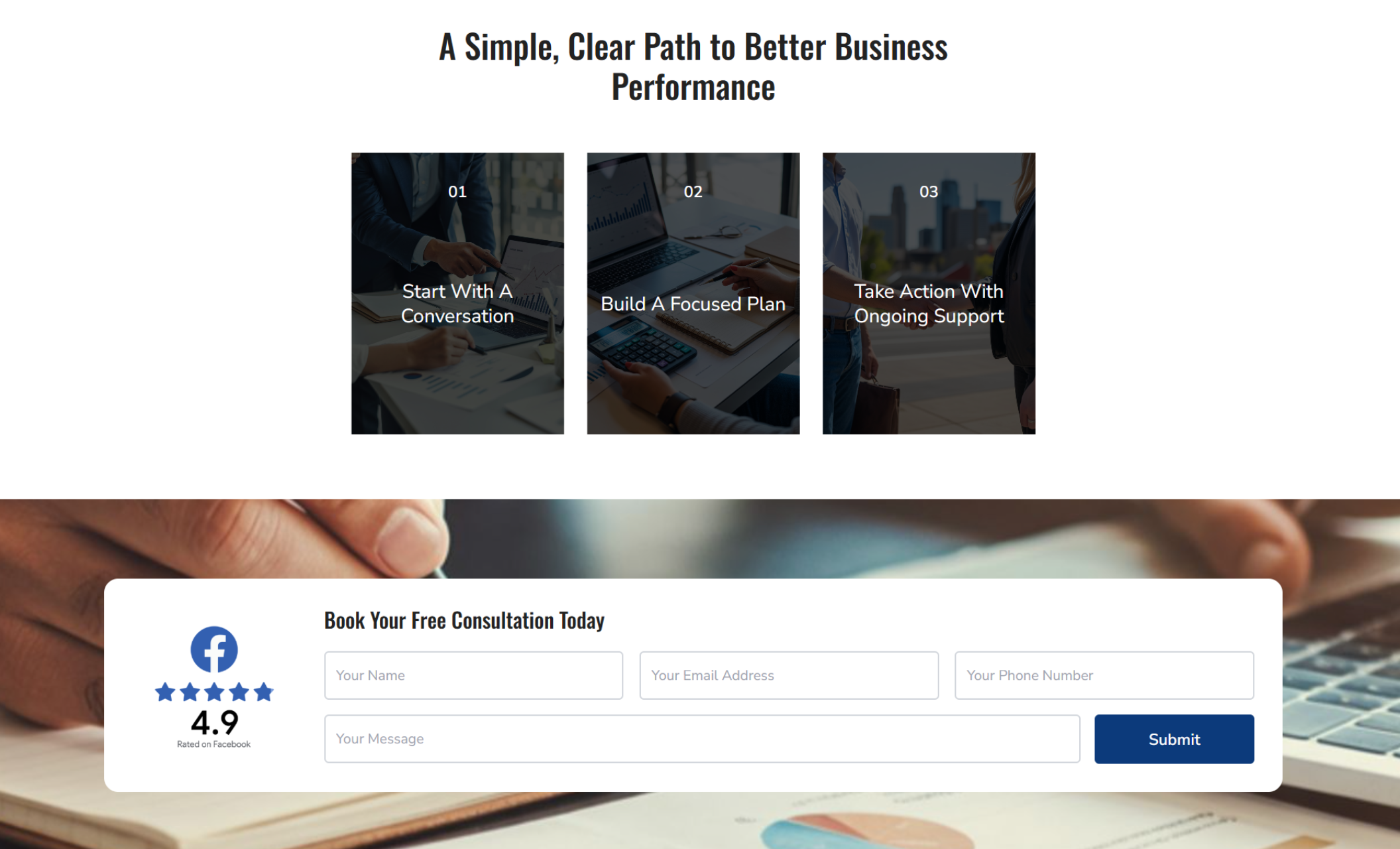 Keystone Growth Advisors process section titled “A Simple, Clear Path to Better Business Performance” with three steps: start with a conversation, build a focused plan, and take action