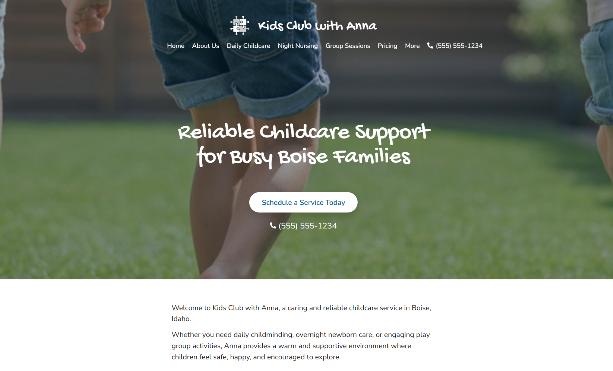 Kids Club with Anna homepage hero displaying children walking on grass beneath the headline “Reliable Childcare Support for Busy Boise Families” with a “Schedule a Service Today” button and phone number