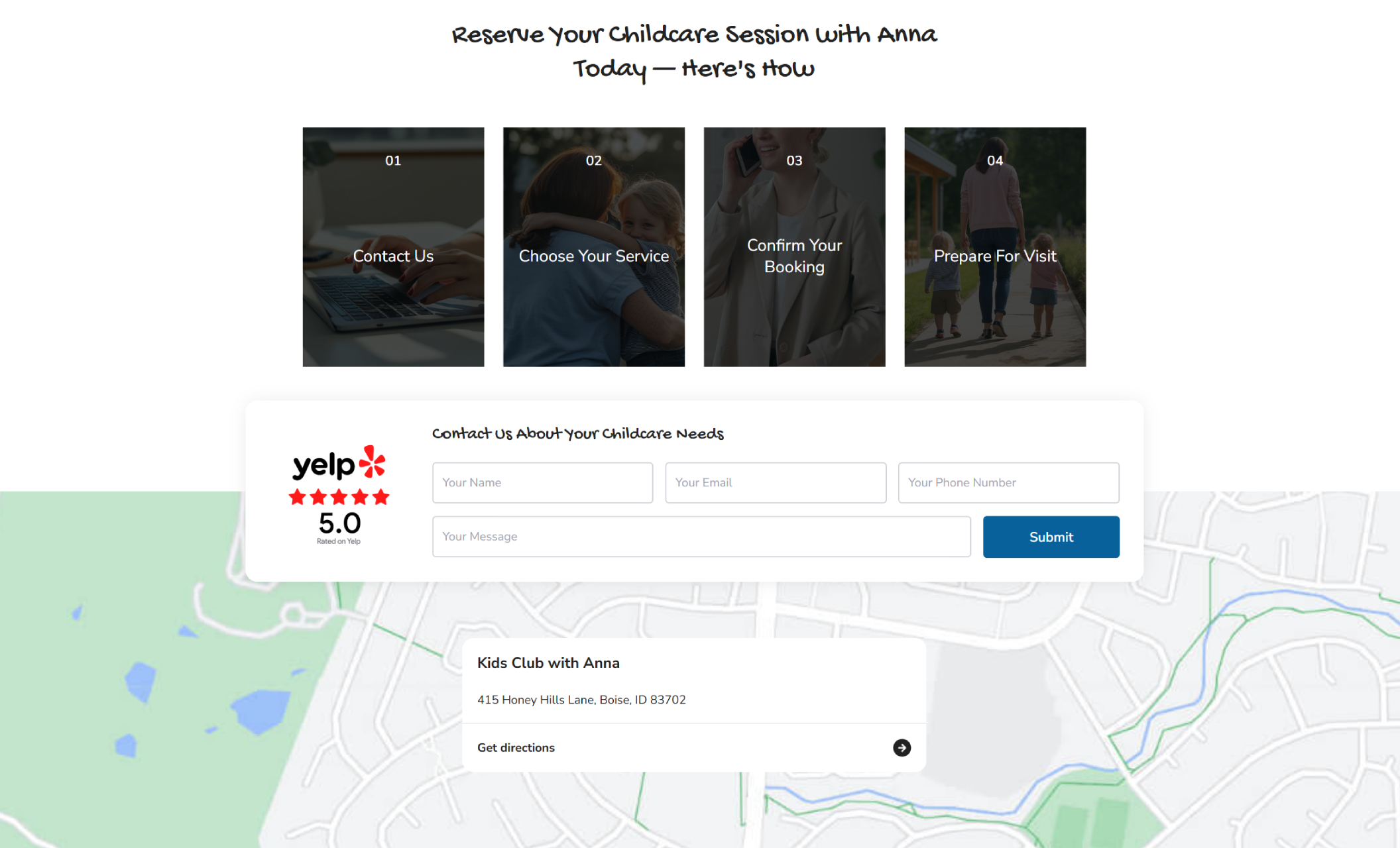 Kids Club with Anna booking section titled “Reserve Your Childcare Session with Anna Today — Here’s How,” showing four steps—Contact Us, Choose Your Service, Confirm Your Booking, and Prepare for Visit—above a contact form with a Yelp 5.0 rating and a map listing the Boise address