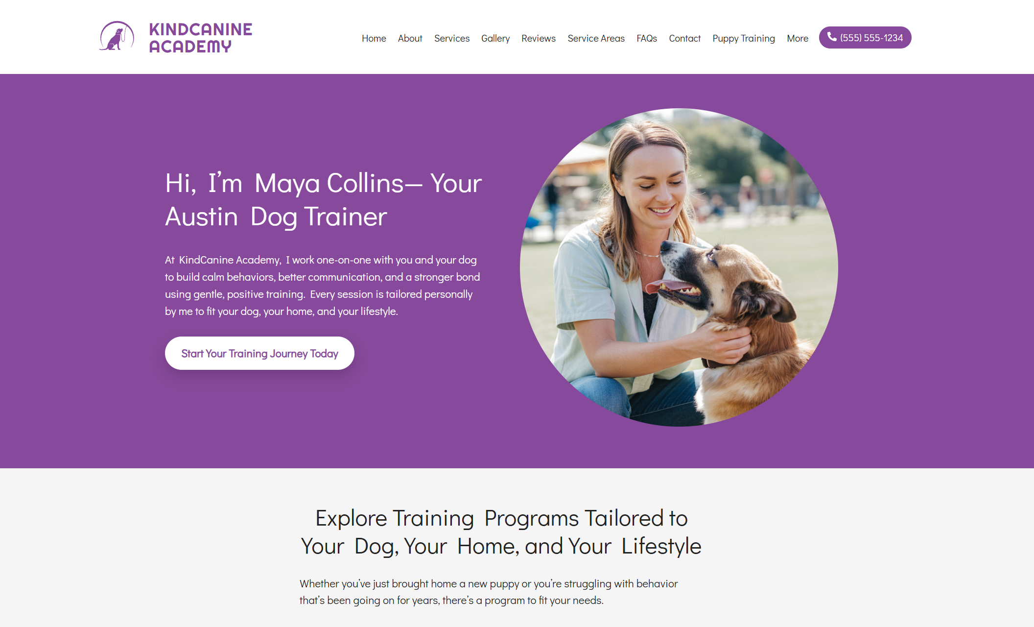 KindCanine Academy homepage hero section with dog trainer Maya Collins smiling at a seated dog, alongside the headline “Hi, I’m Maya Collins—Your Austin Dog Trainer” and a call-to-action button to start training