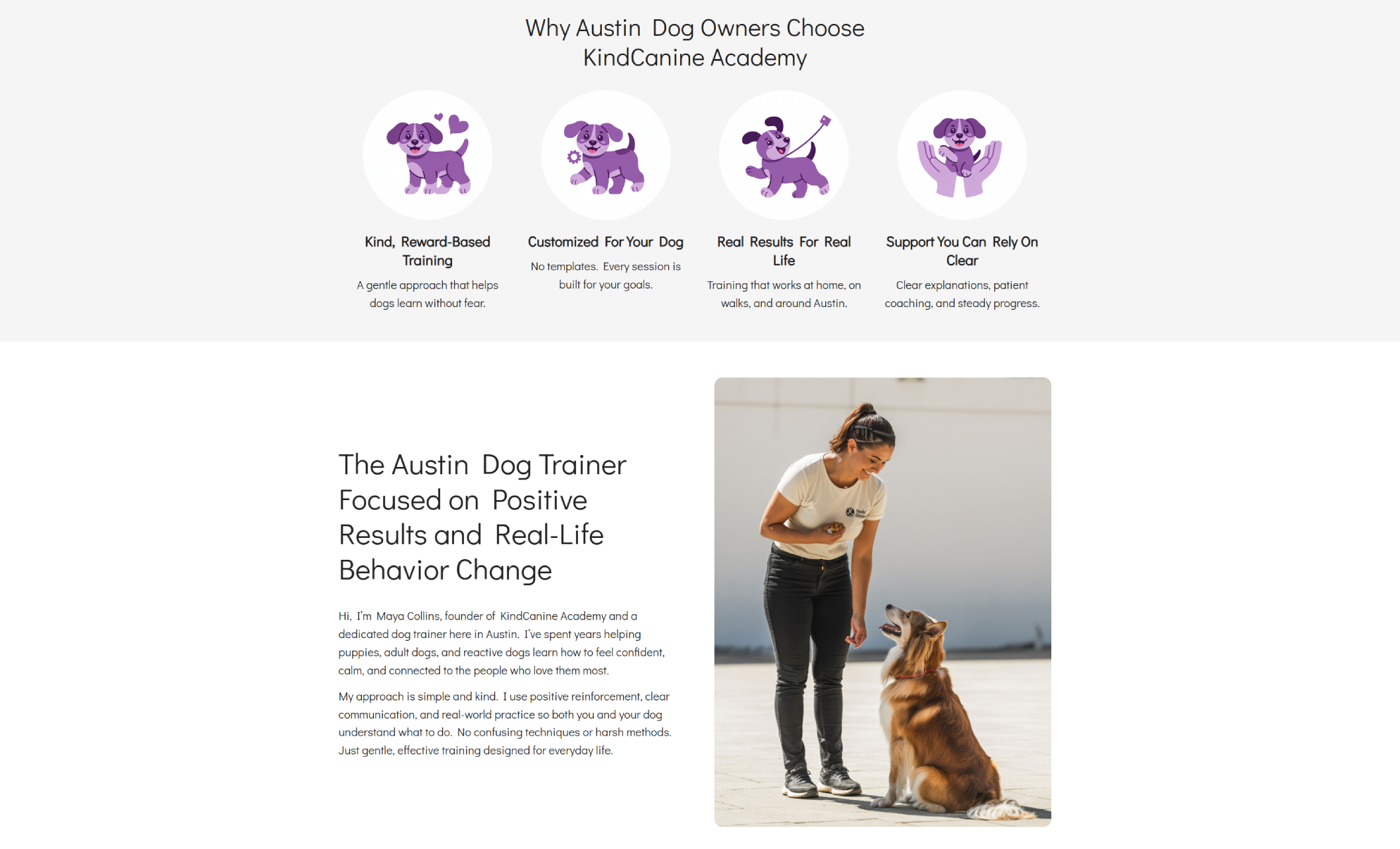 KindCanine Academy website section titled “Why Austin Dog Owners Choose KindCanine Academy,” featuring illustrated icons that highlight reward-based training, customized sessions, real-life results, and reliable support