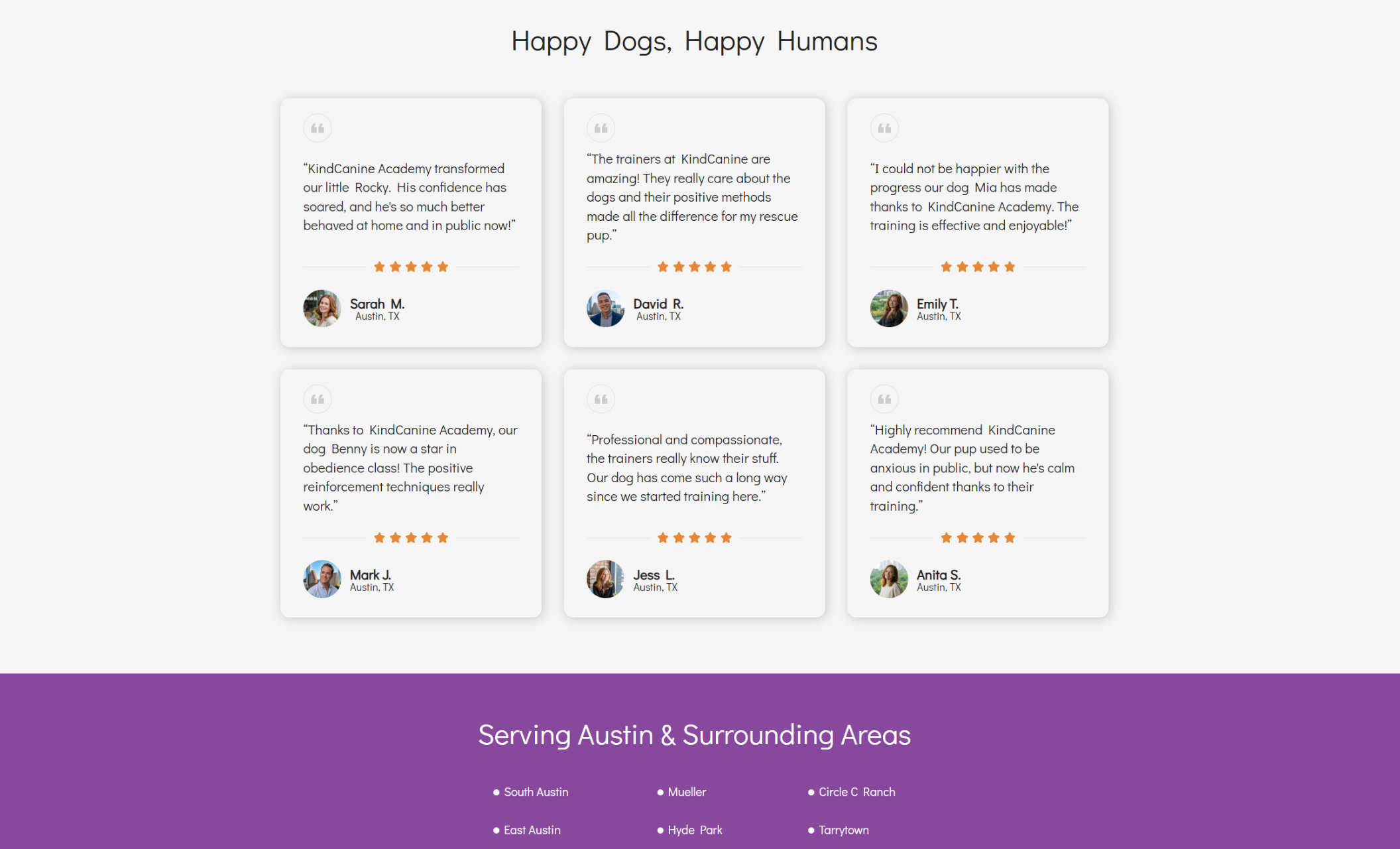 KindCanine Academy reviews section showing a grid of five-star client testimonials under the heading “Happy Dogs, Happy Humans,” followed by a purple section highlighting service areas across Austin, Texas
