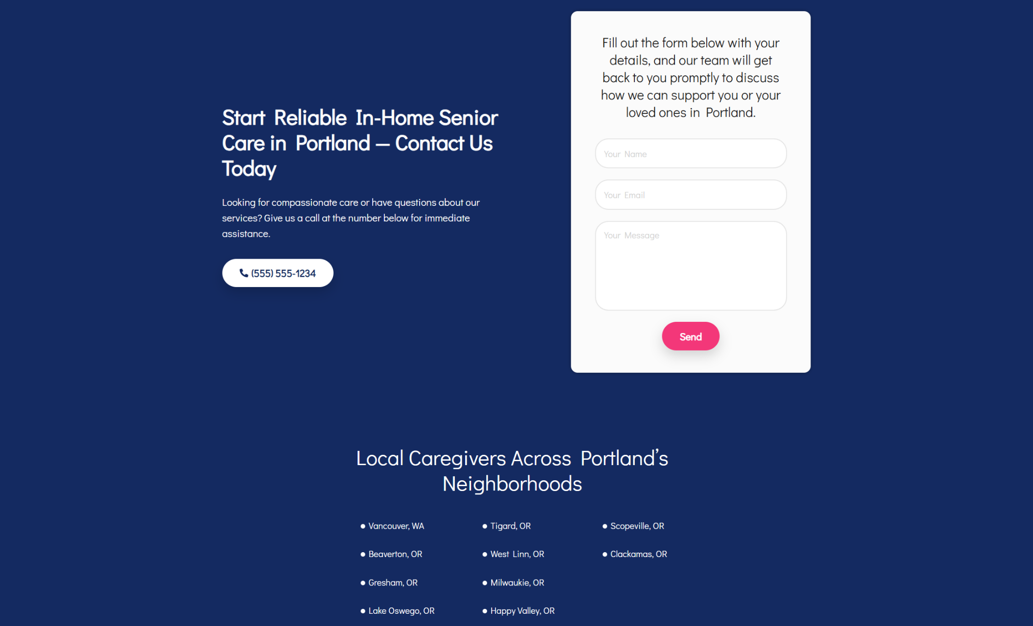 Kindroot Home Care contact page showing a navy-blue background with the headline “Start Reliable In-Home Senior Care in Portland — Contact Us Today,” a prominent phone number, and a white inquiry form inviting visitors to share their details