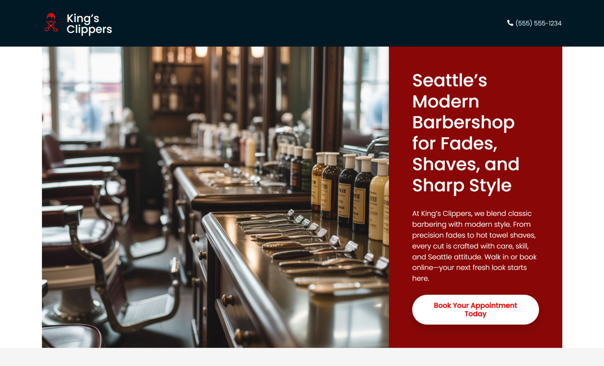 King’s Clippers homepage featuring a polished barbershop interior with vintage chairs and grooming products beside the headline “Seattle’s Modern Barbershop for Fades, Shaves, and Sharp Style” and a red button that says “Book Your Appointment Today.”