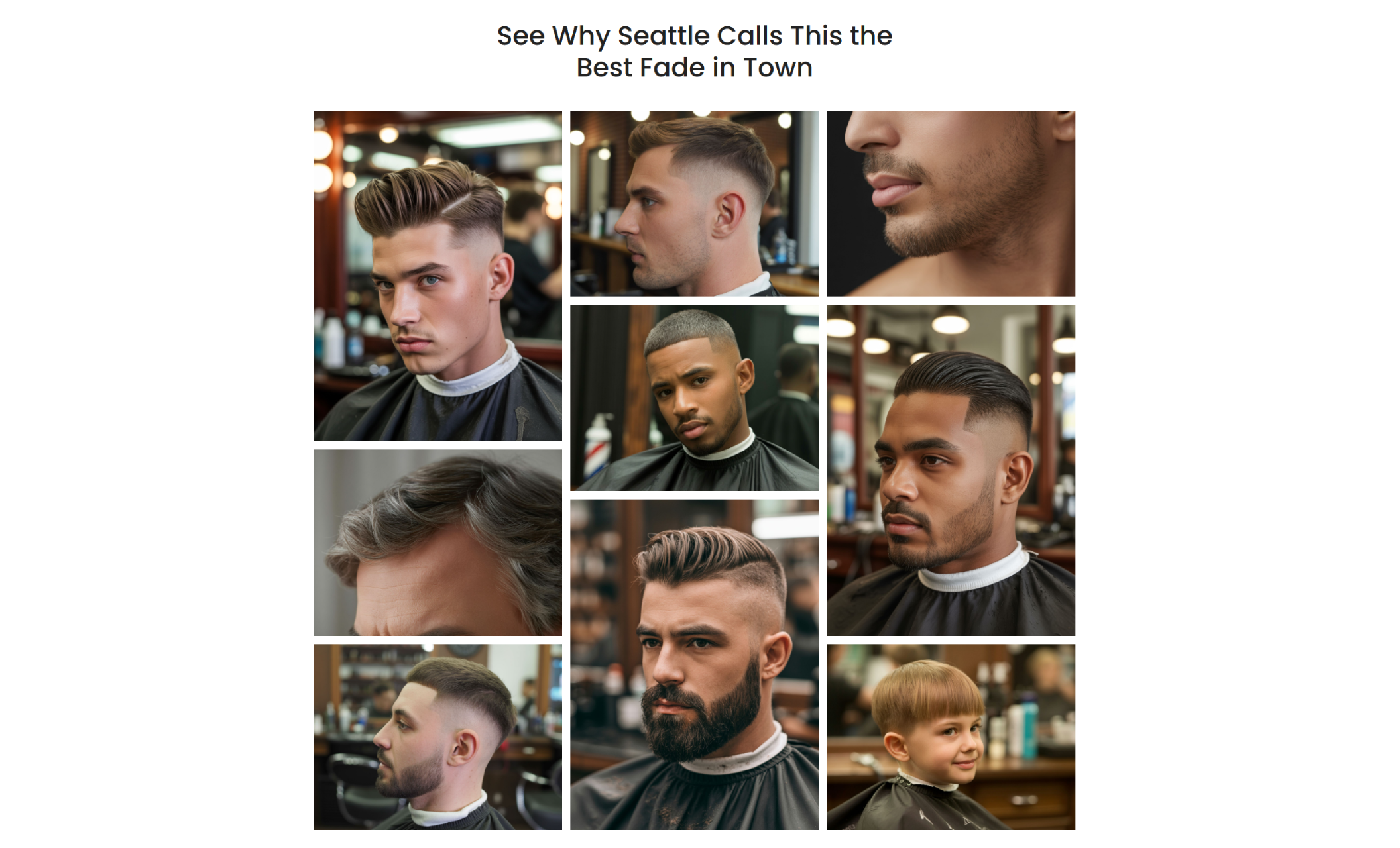 Gallery section of King’s Clippers showcasing nine client photos with fresh fades and beard trims under the headline “See Why Seattle Calls This the Best Fade in Town.”