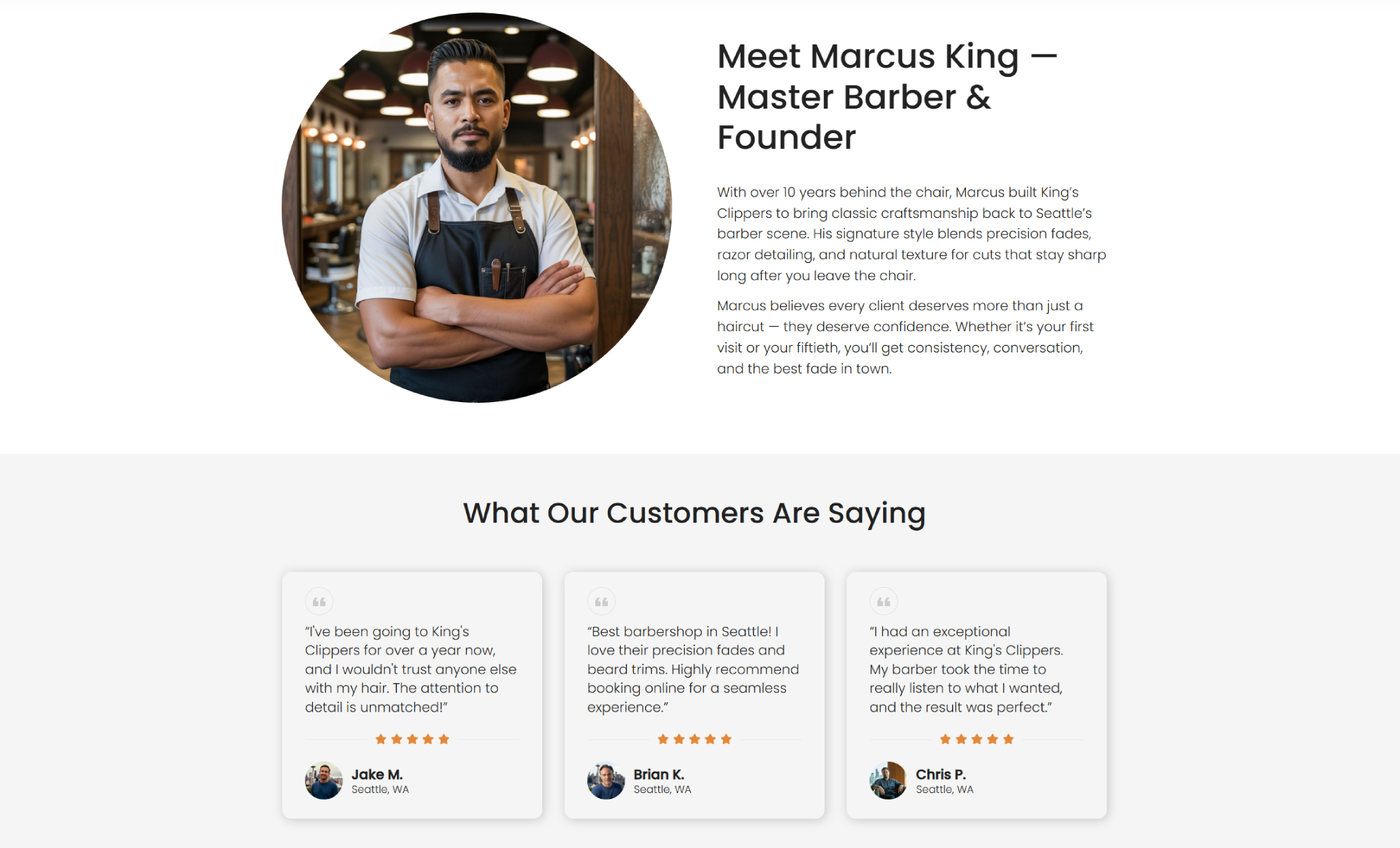 About section of King’s Clippers showing Master Barber Marcus King standing confidently in his shop beside the headline “Meet Marcus King — Master Barber & Founder” with client testimonials displayed below