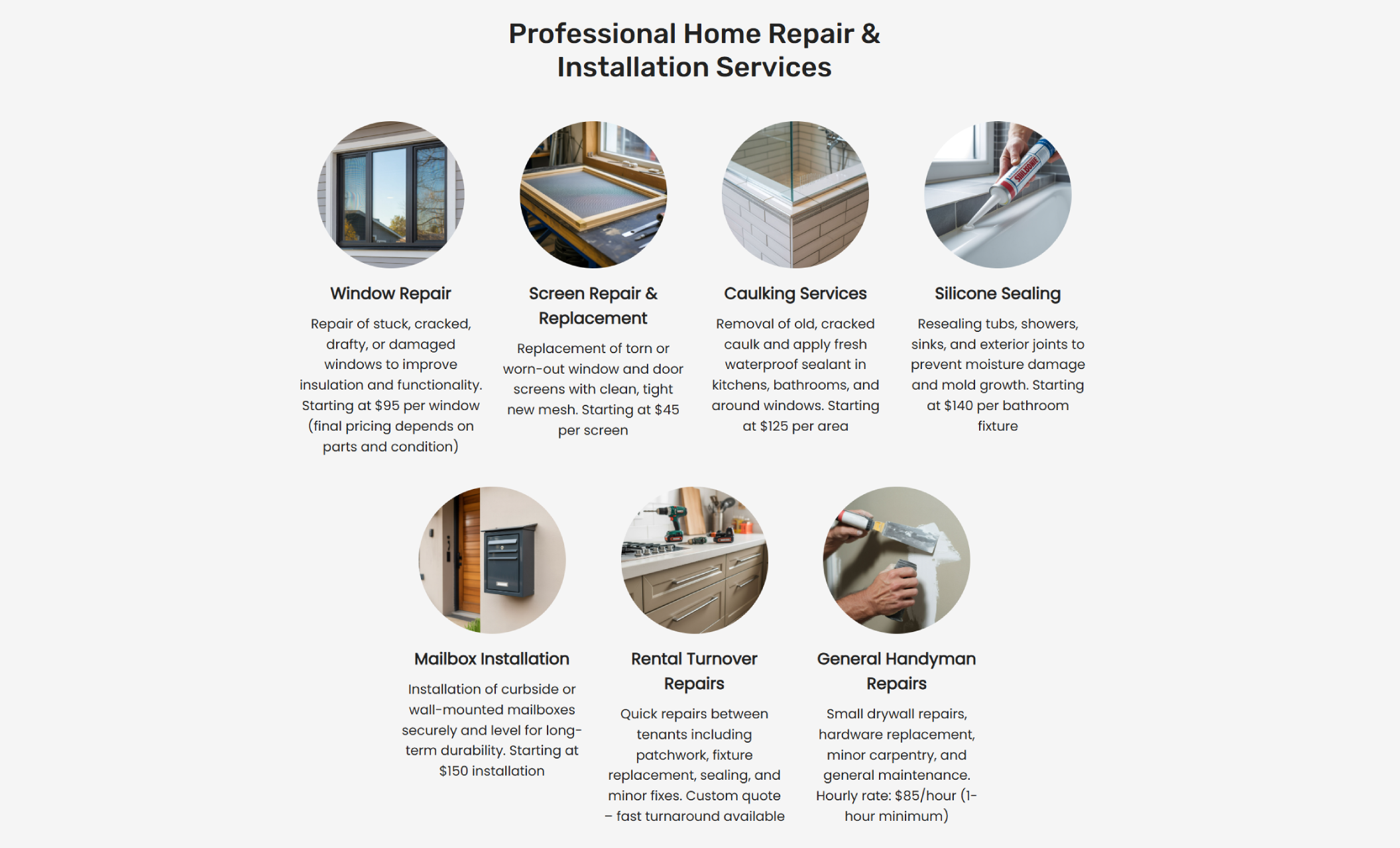 Klein Home Services services section titled “Professional Home Repair & Installation Services,” displaying circular icons for window repair, screen replacement, caulking, silicone sealing, mailbox installation, rental turnover repairs, and general handyman services