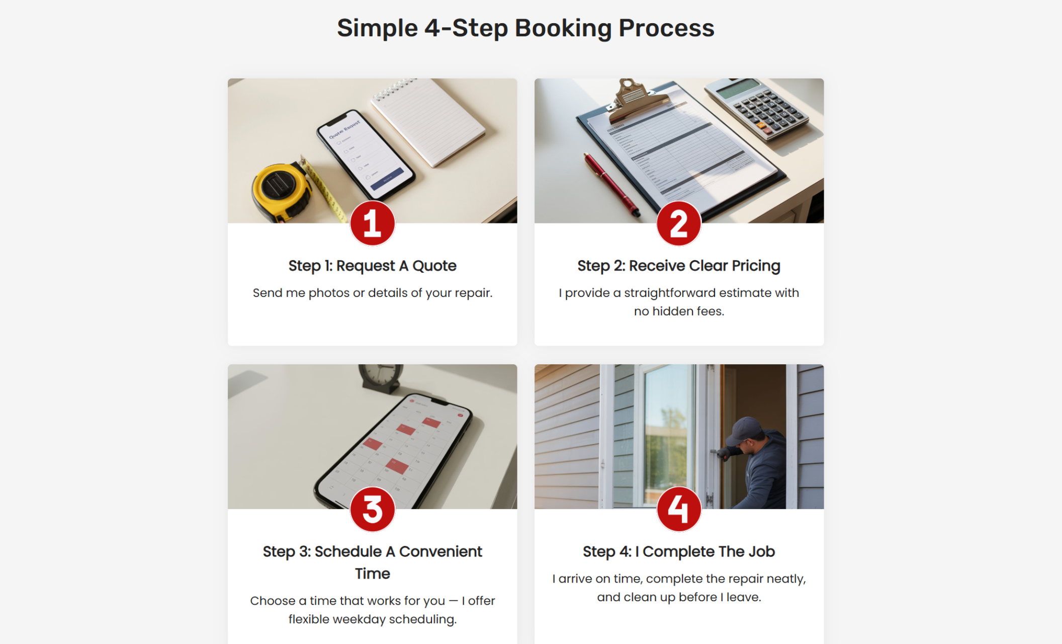 Klein Home Services booking section showing a “Simple 4-Step Booking Process” with numbered cards for requesting a quote, receiving clear pricing, scheduling a time, and job completion