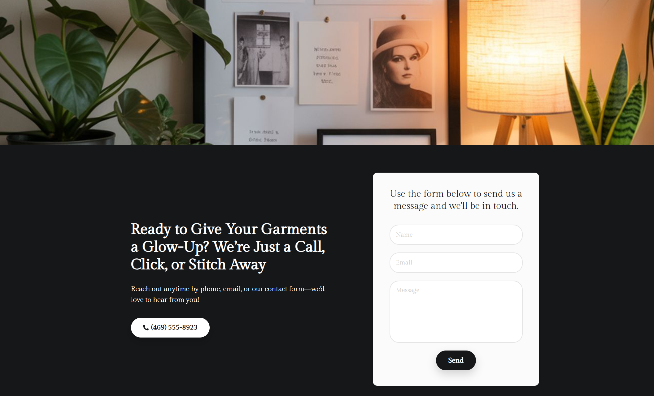 Knot & Needle contact section with a dark background, the headline “Ready to Give Your Garments a Glow-Up? We’re Just a Call, Click, or Stitch Away,” and a simple white contact form next to a cozy scene with plants, a lamp, and black-and-white wall art