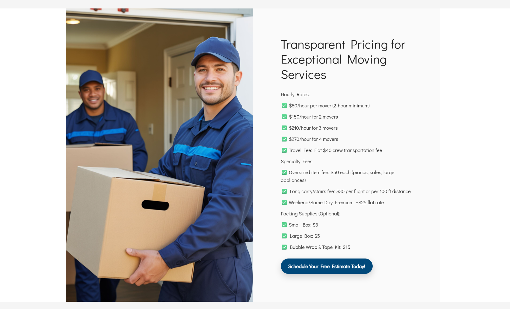 LaborPro Moving Services pricing section featuring two smiling movers in blue uniforms carrying boxes next to a detailed list of hourly rates, specialty fees, and packing supply costs, with a blue button that says “Schedule Your Free Estimate Today.”