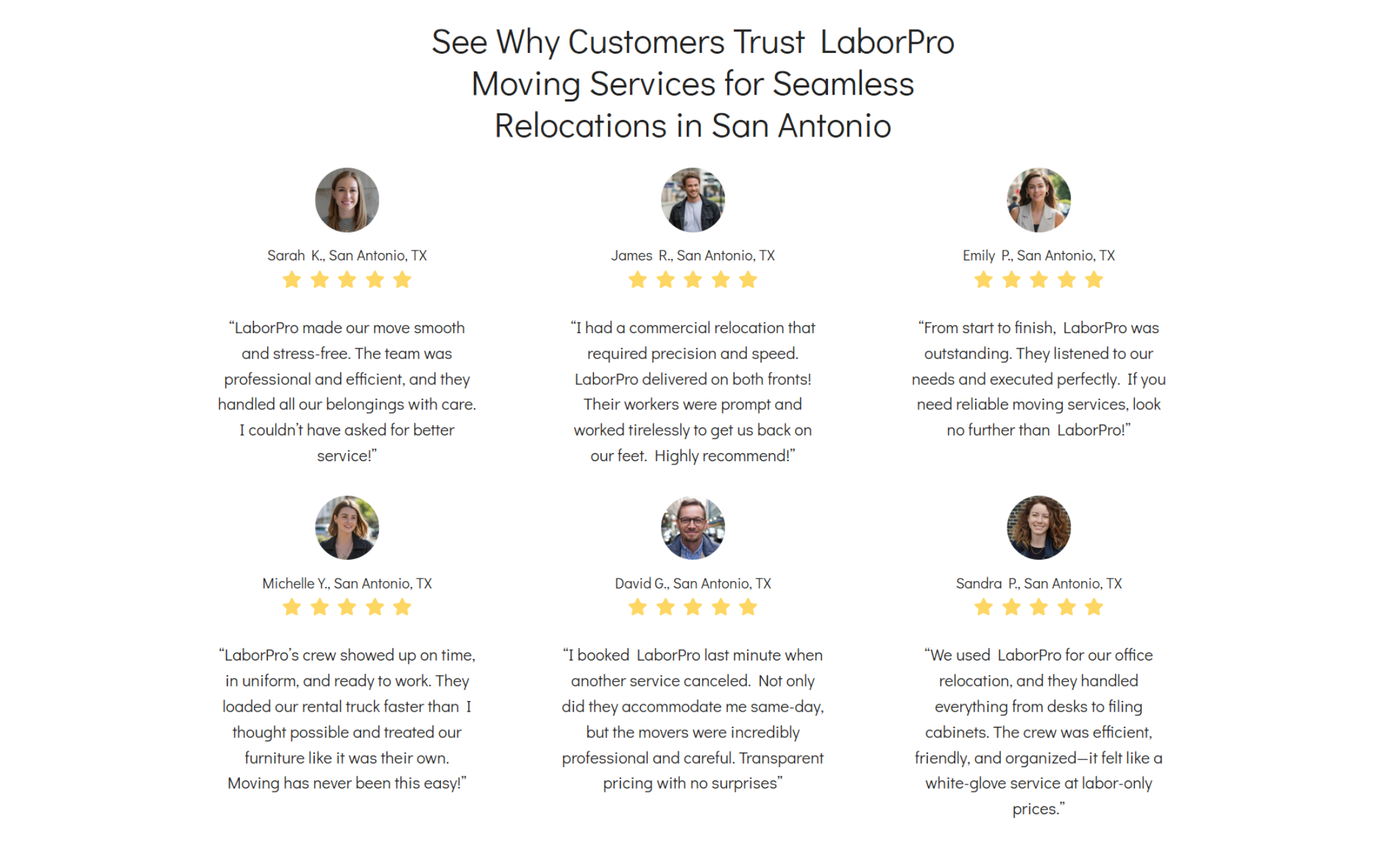 LaborPro Moving Services testimonials section showing six San Antonio customers with profile photos, 5-star ratings, and reviews praising the crew’s professionalism, speed, and care
