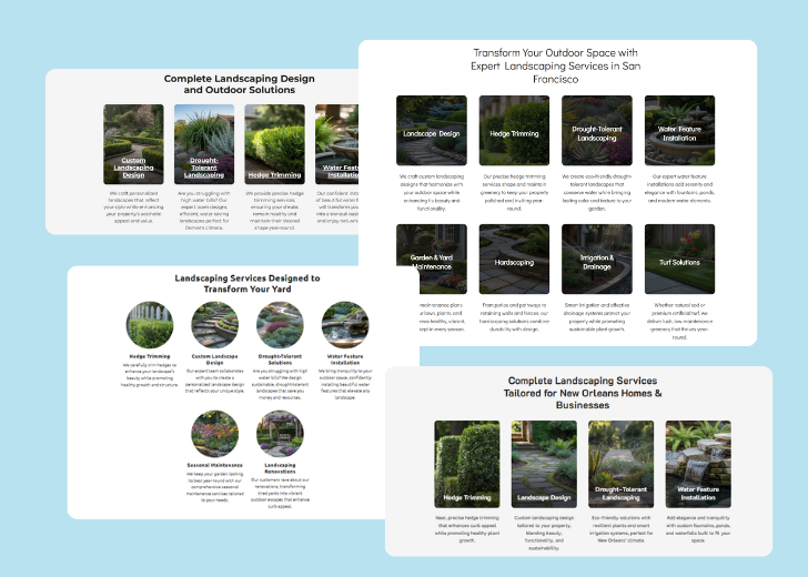 A collage of services section generated by Zarla showing different styles of service items, all having a picture, a title, and a brief description