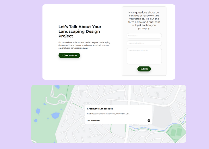 A screenshot of a header with navigation pills with contact number, a blue-colored primary button with contact number, and a 2D depiction of a map with a business address in the center