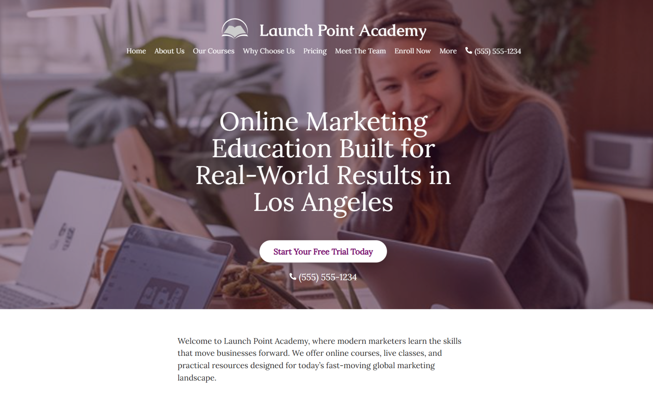 Launch Point Academy homepage featuring a smiling student working on a laptop at a shared table beneath the headline “Online Marketing Education Built for Real-World Results in Los Angeles” with a white “Start Your Free Trial Today” button