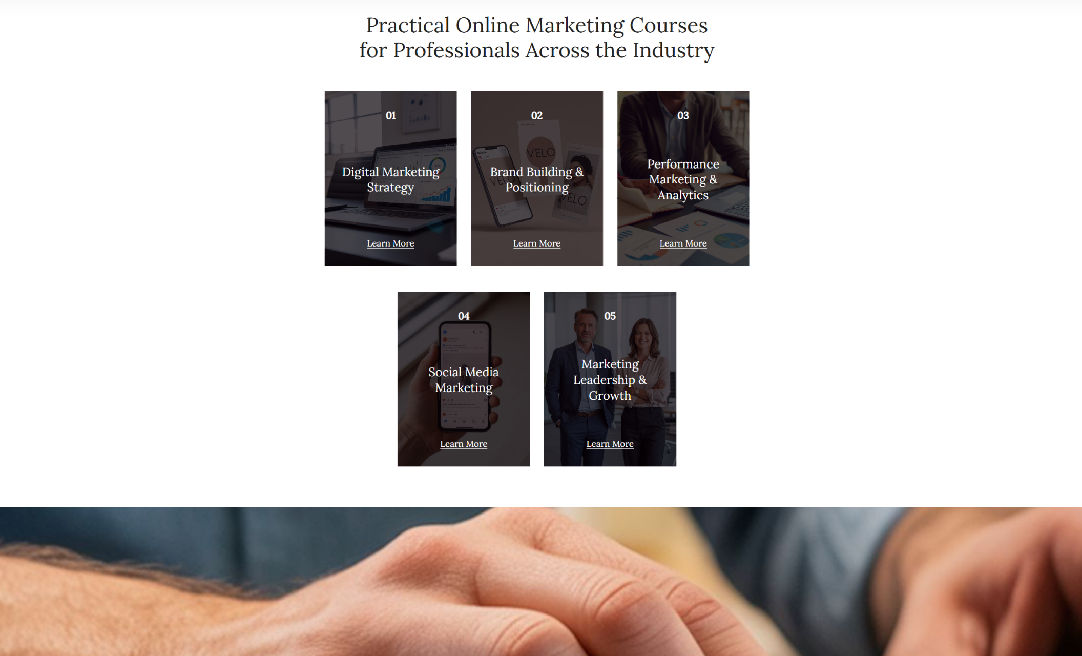 Launch Point Academy course overview displaying five course cards labeled Digital Marketing Strategy, Brand Building & Positioning, Performance Marketing & Analytics, Social Media Marketing, and Marketing Leadership & Growth under the heading “Practical Online Marketing Courses for Professionals Across the Industry.”