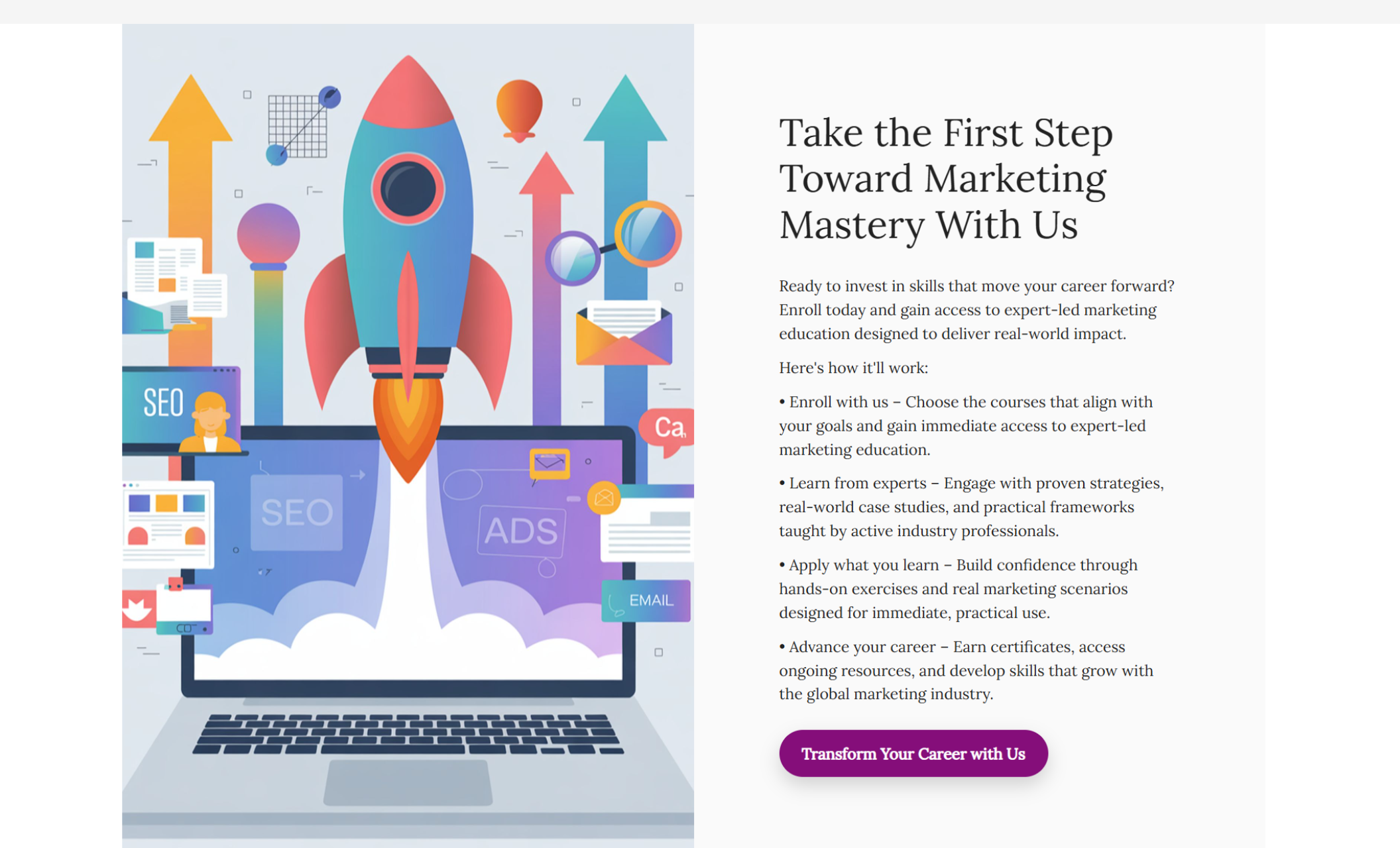 Illustrated Launch Point Academy section showing a rocket launching from a laptop surrounded by SEO, ads, email, and analytics icons beside the headline “Take the First Step Toward Marketing Mastery With Us” and a purple “Transform Your Career with Us” button