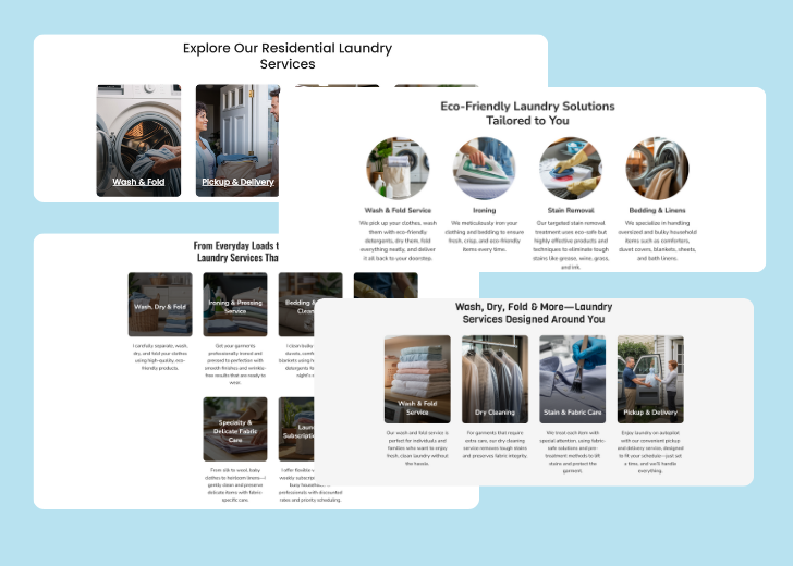 A collage of services section generated by Zarla showing different styles of service items, all having a picture, a title, and a brief description