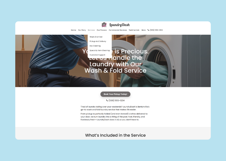 Spotless Touch landing page of a specific service titled 'Post Construction Cleaning' with a contact form on the side