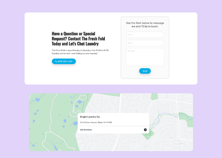 A screenshot of a header with navigation pills with contact number, a blue-colored primary button with contact number, and a 2D depiction of a map with a business address in the center