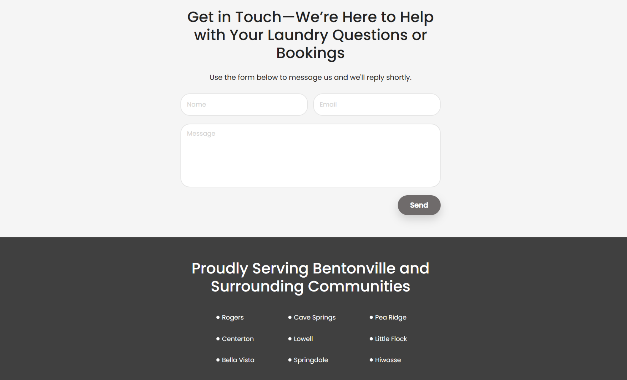LaundryDash contact section with a short form and the headline “Get in Touch—We’re Here to Help with Your Laundry Questions or Bookings,” followed by a dark footer listing surrounding Bentonville communities served