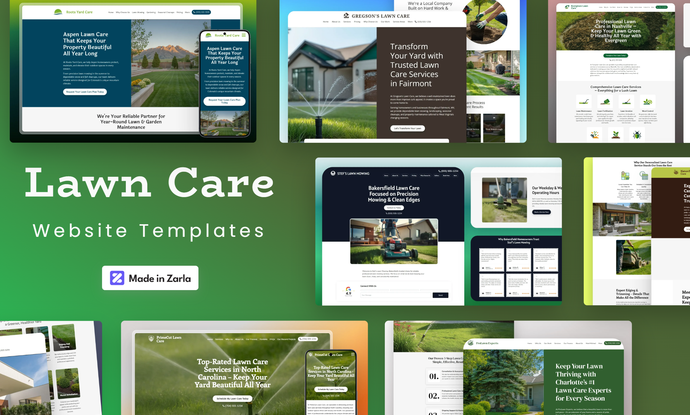 Collection of lawn care website templates created with Zarla
