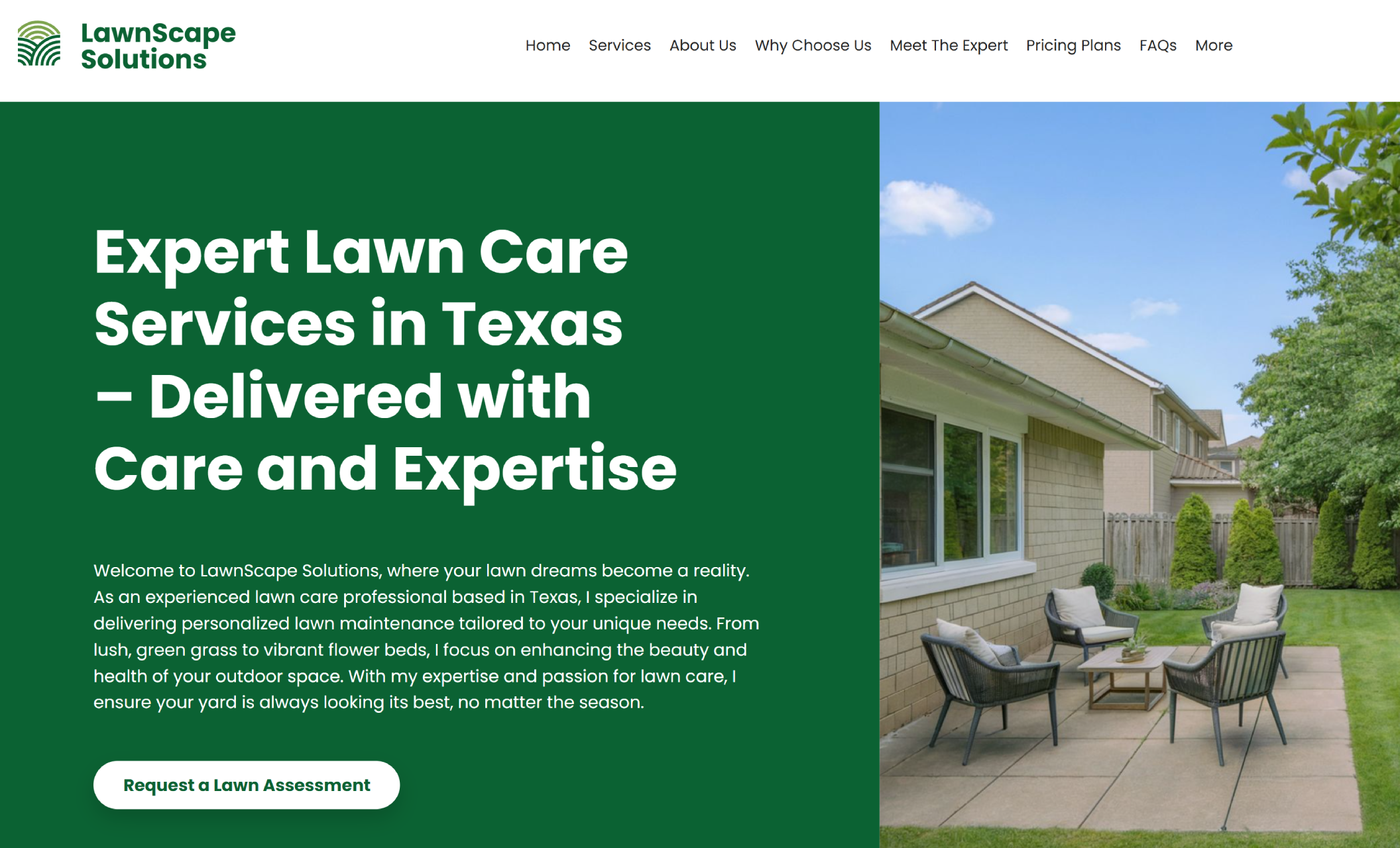 LawnScape Solutions homepage featuring a photo of a well-maintained Texas backyard patio with a green lawn, paired with the headline “Expert Lawn Care Services in Texas – Delivered with Care and Expertise” and a white button reading “Request a Lawn Assessment.”