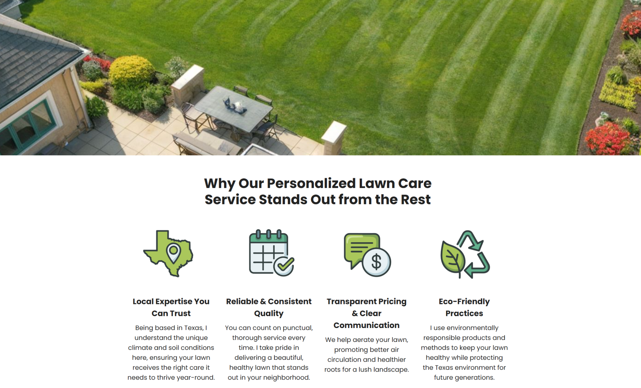Aerial view of a beautifully landscaped backyard with striped grass, colorful flower beds, and a paved seating area, under the headline “Why Our Personalized Lawn Care Service Stands Out from the Rest” with four illustrated icons highlighting local expertise, quality, pricing, and eco practices