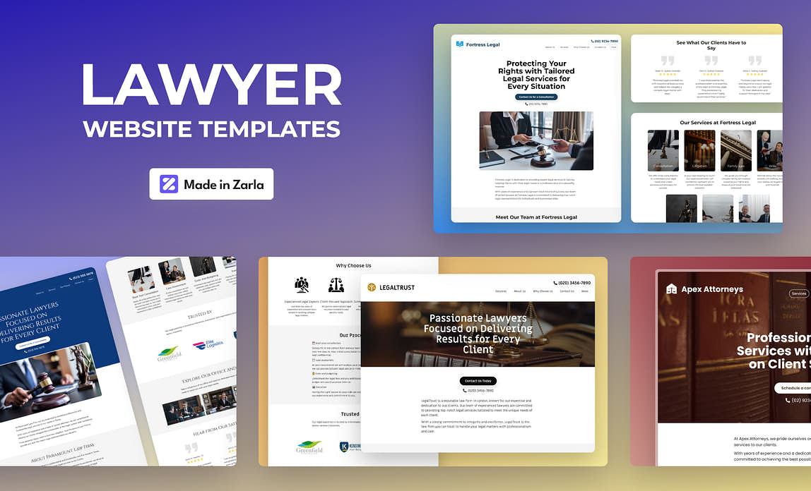 A collection of lawyer website templates created with Zarla's AI website builder
