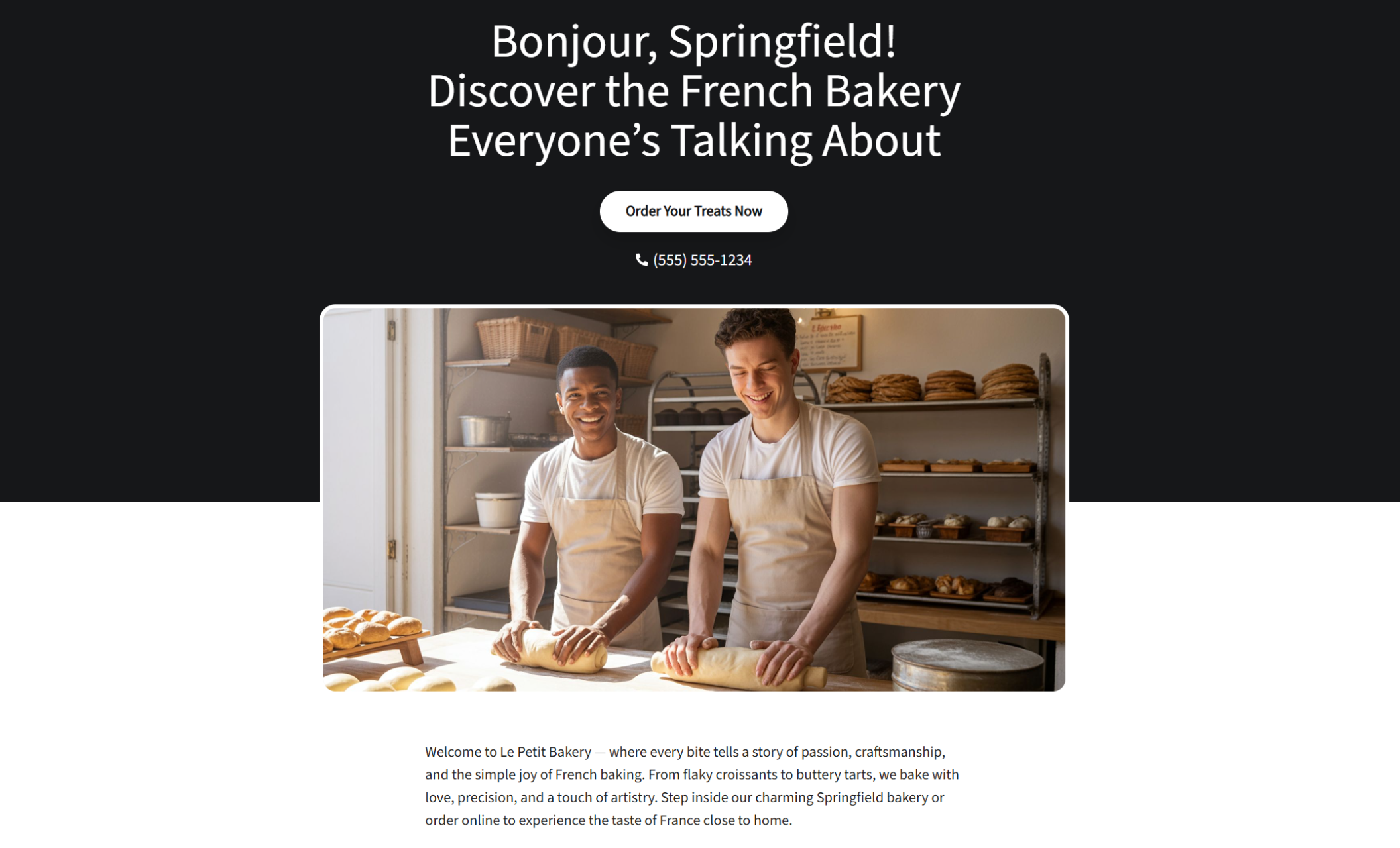 Homepage of Le Petit Bakery with two smiling bakers shaping bread dough in a warm-toned French bakery, under the headline “Bonjour, Springfield! Discover the French Bakery Everyone’s Talking About” and a button reading “Order Your Treats Now.”