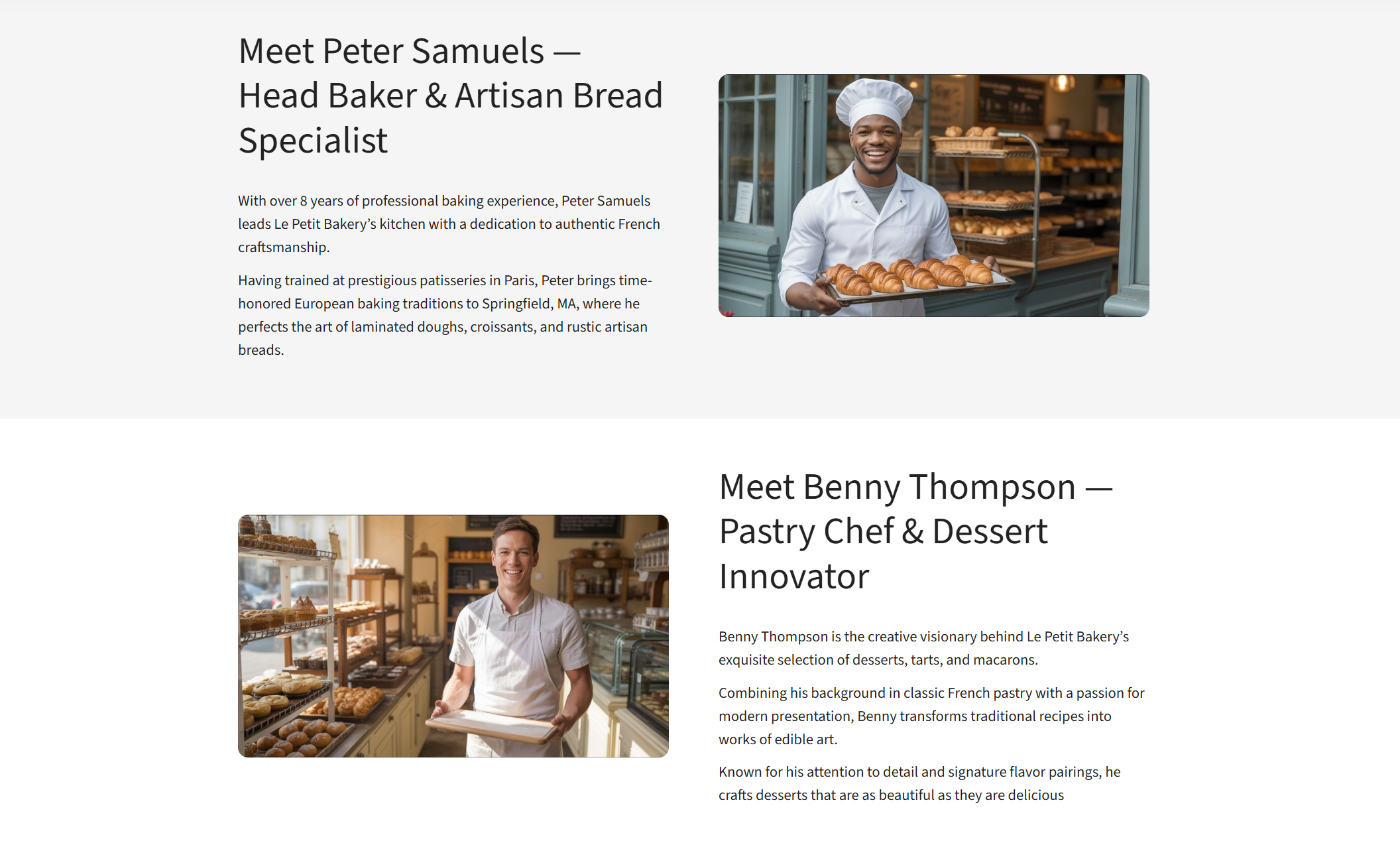 Team section of Le Petit Bakery featuring portraits of bakers Peter Samuels and Benny Thompson alongside bios highlighting their expertise in French pastry and artisan breadmaking