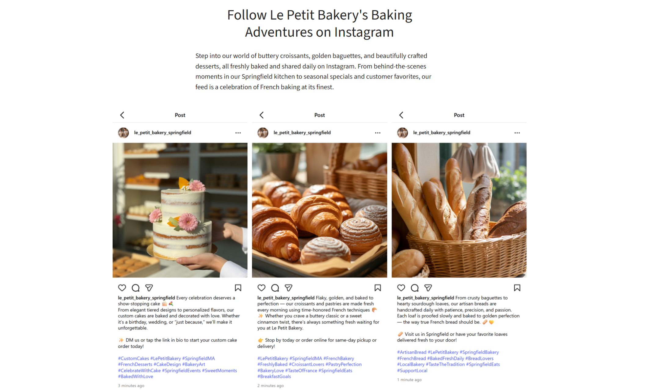 Le Petit Bakery’s Instagram gallery section showing photos of a floral cake, golden croissants, and fresh baguettes with captions describing the bakery’s dedication to handcrafted French desserts