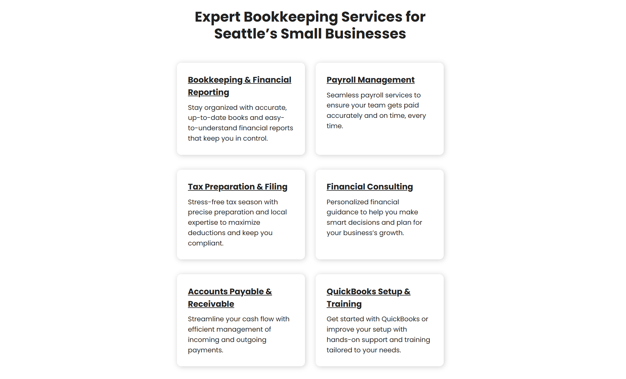 Grid layout of six service boxes under the heading “Expert Bookkeeping Services for Seattle’s Small Businesses,” listing offerings such as payroll, tax filing, consulting, and QuickBooks training.