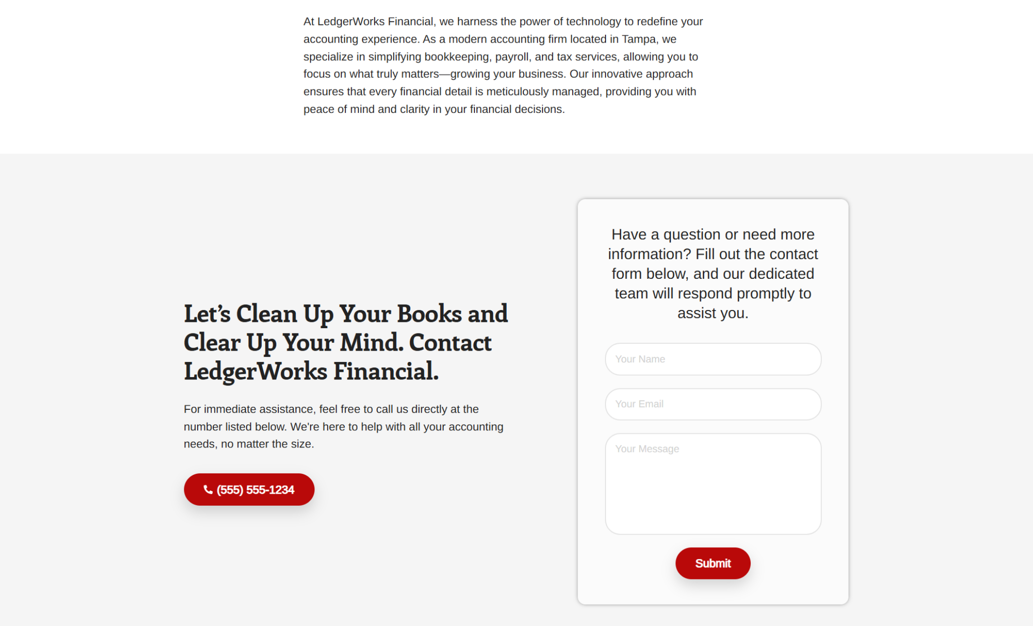 LedgerWorks Financial contact section showing a call-to-action headline “Let’s Clean Up Your Books and Clear Up Your Mind” alongside a contact form with fields for name, email, and message and a red “Submit” button